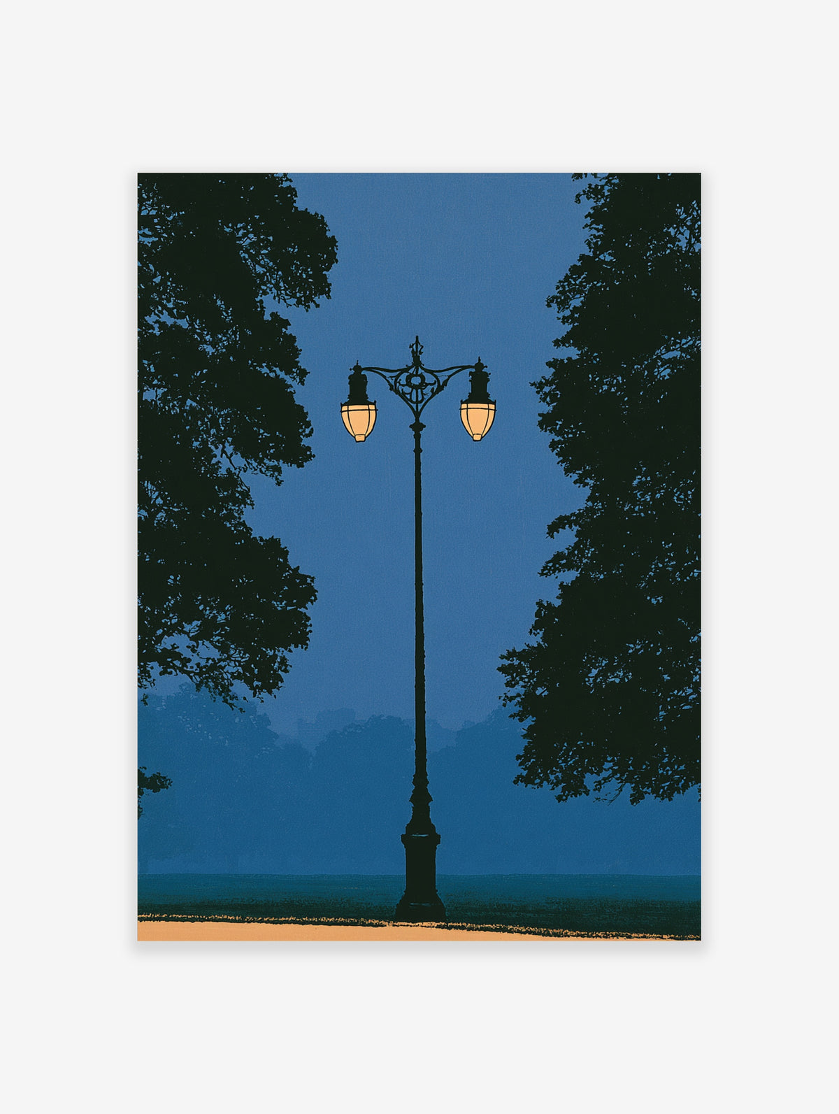 Vintage street lamp with two lit lanterns between dark tree silhouettes on a deep blue evening sky poster