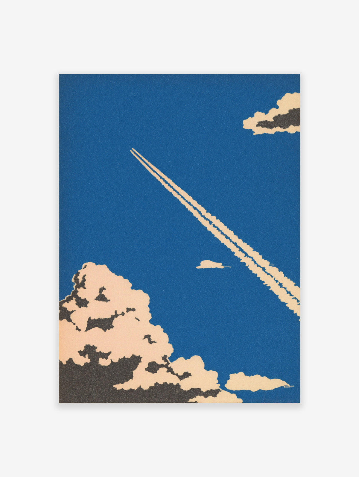 Blue sky poster with cream clouds and diagonal white aeroplane contrails