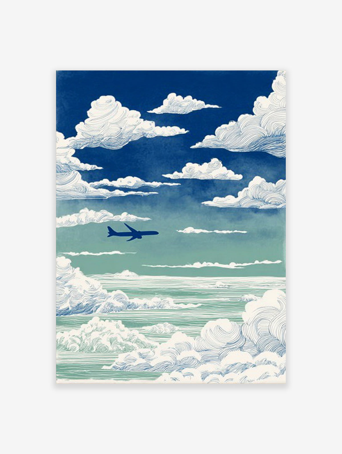 Blue sky poster with white line-drawn clouds and a dark airplane silhouette in a vertical composition