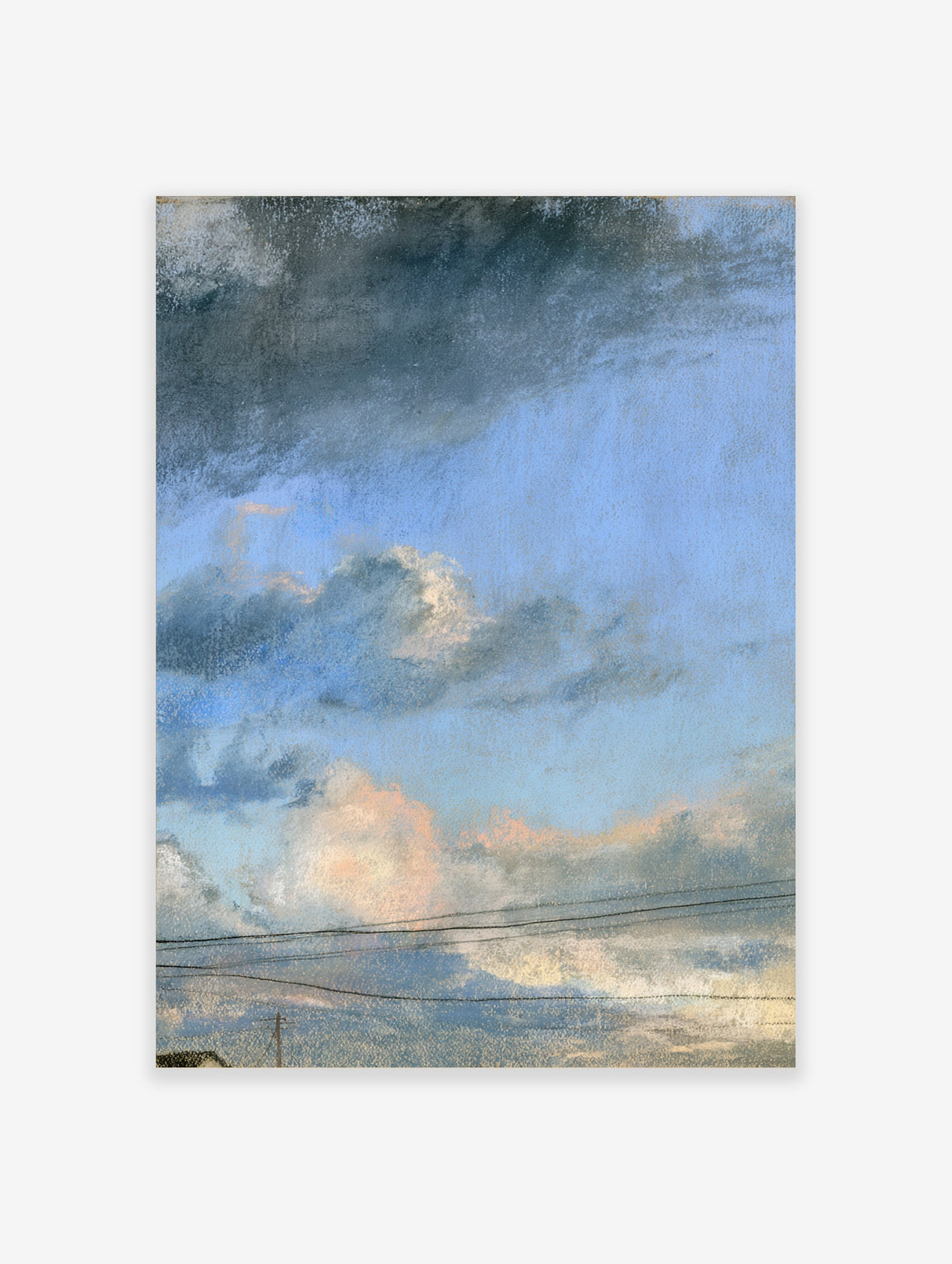 Blue sky cloud poster with white cumulus clouds, peach sunset light and power lines