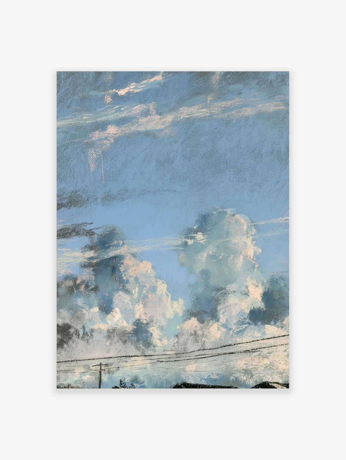 Blue sky cloud wall art print with soft cumulus clouds, peach highlights, and overhead wires