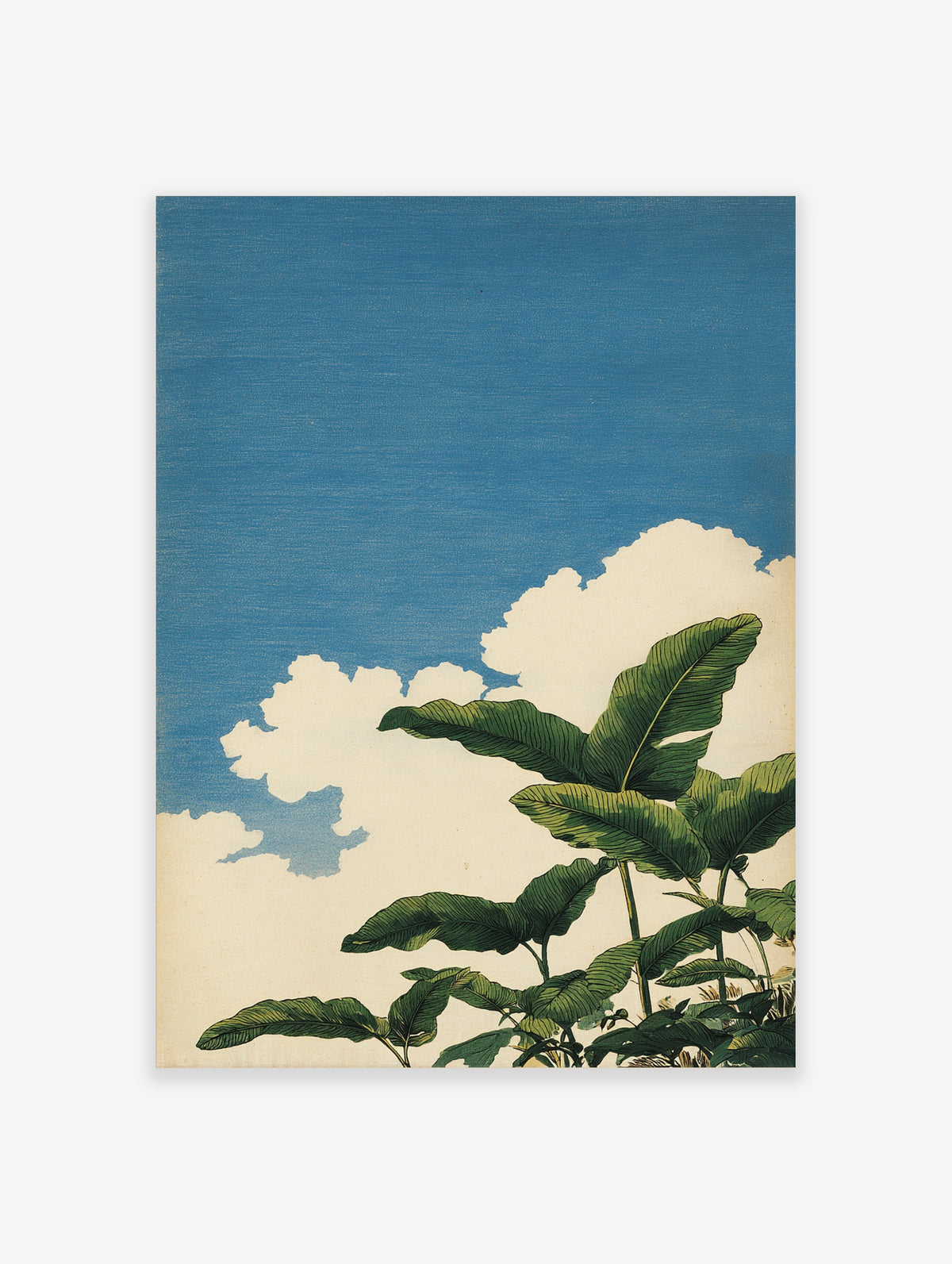 Tropical banana leaf art print with green leaves against a blue sky and cream cloud