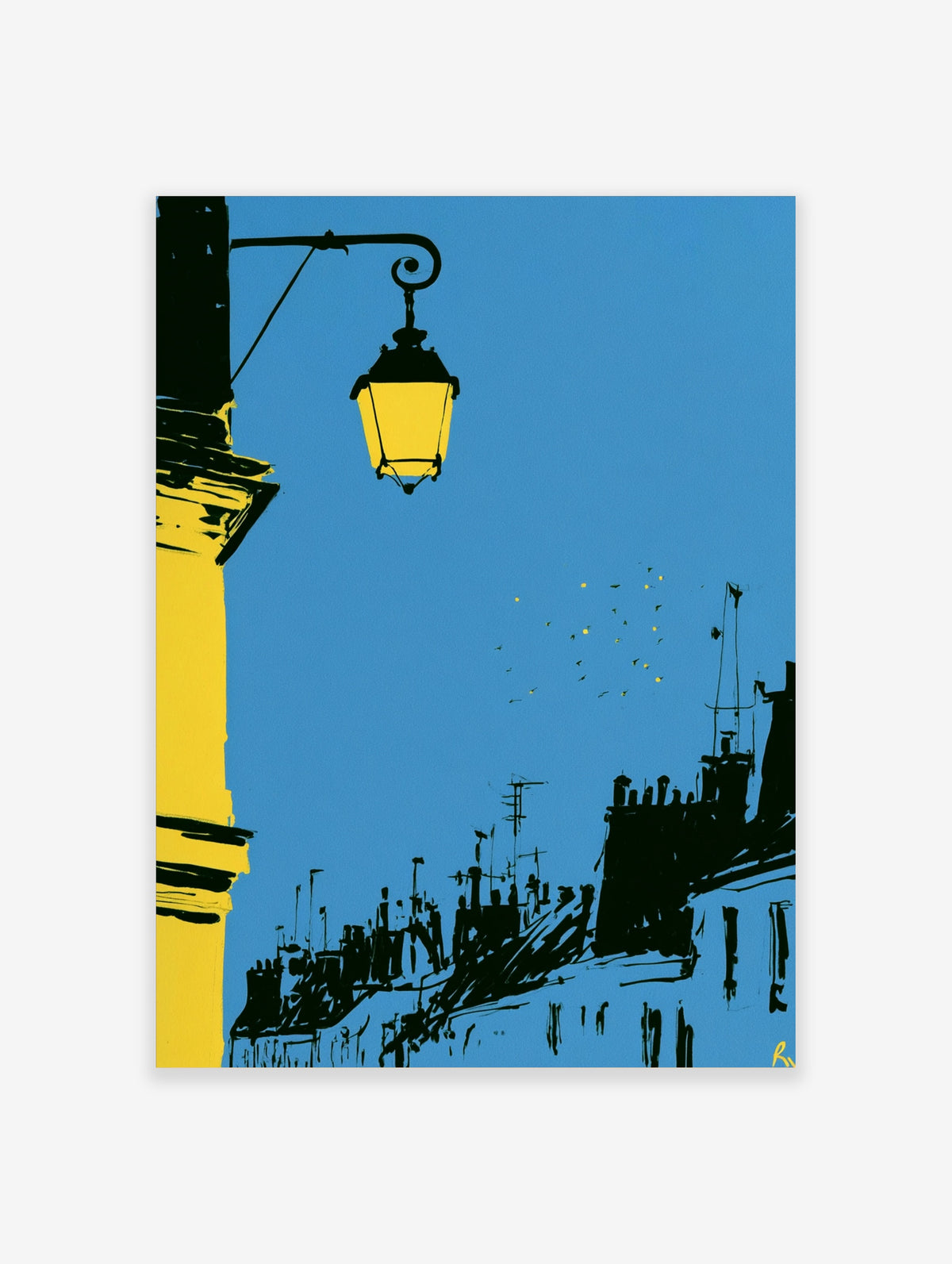 Blue sky poster with yellow street lantern, black rooftops, and birds