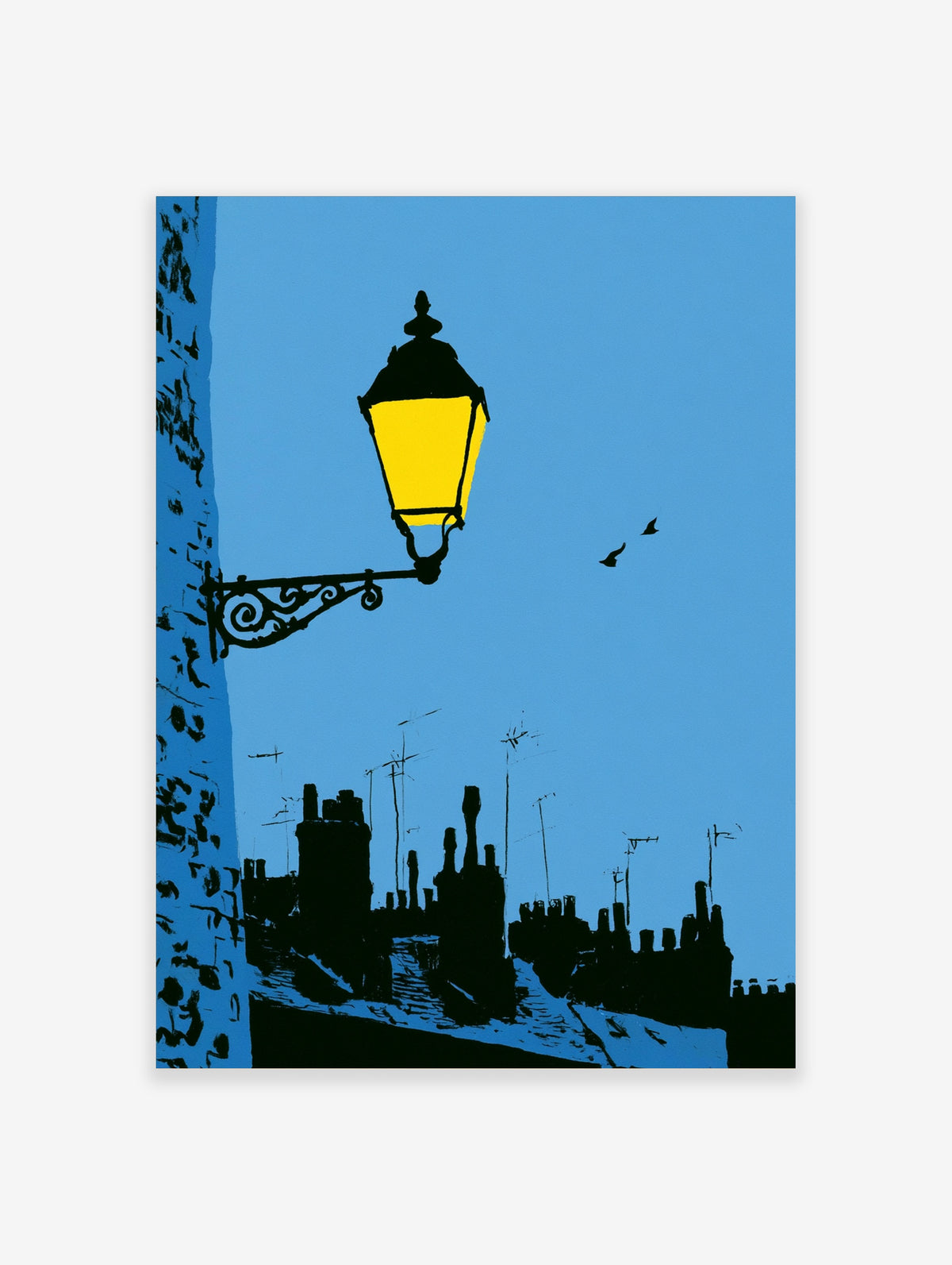 Blue sky poster with yellow street lamp, black bracket, rooftop silhouettes, and two birds