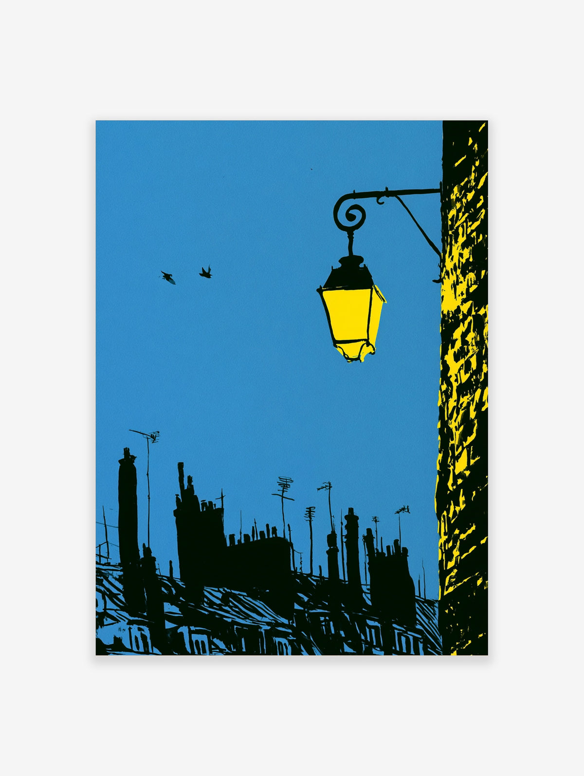 Blue sky poster with yellow street lantern, black rooftop silhouettes, and two birds in flight