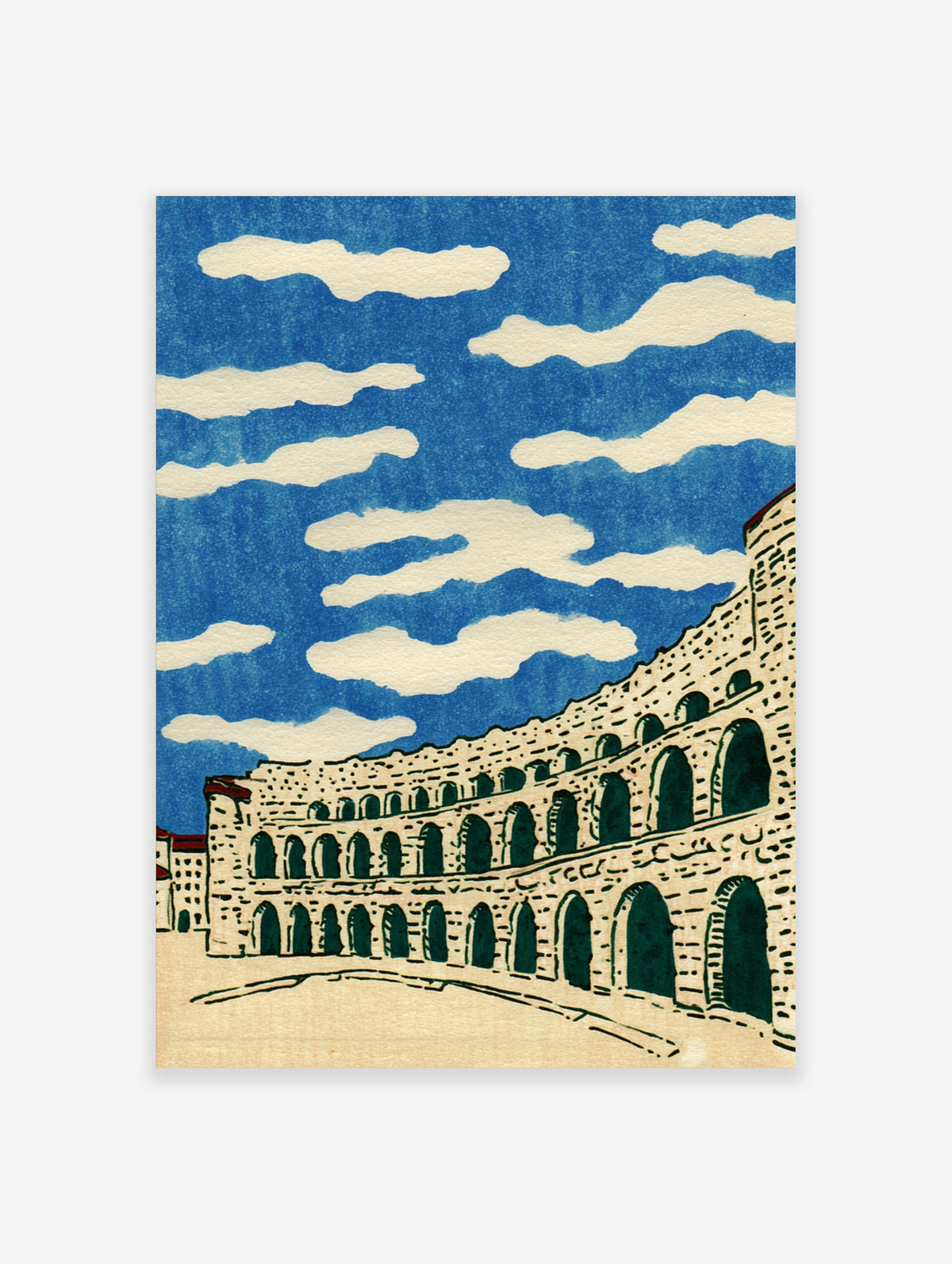Roman Colosseum illustration with stone arches under a blue sky and cream clouds, architectural poster