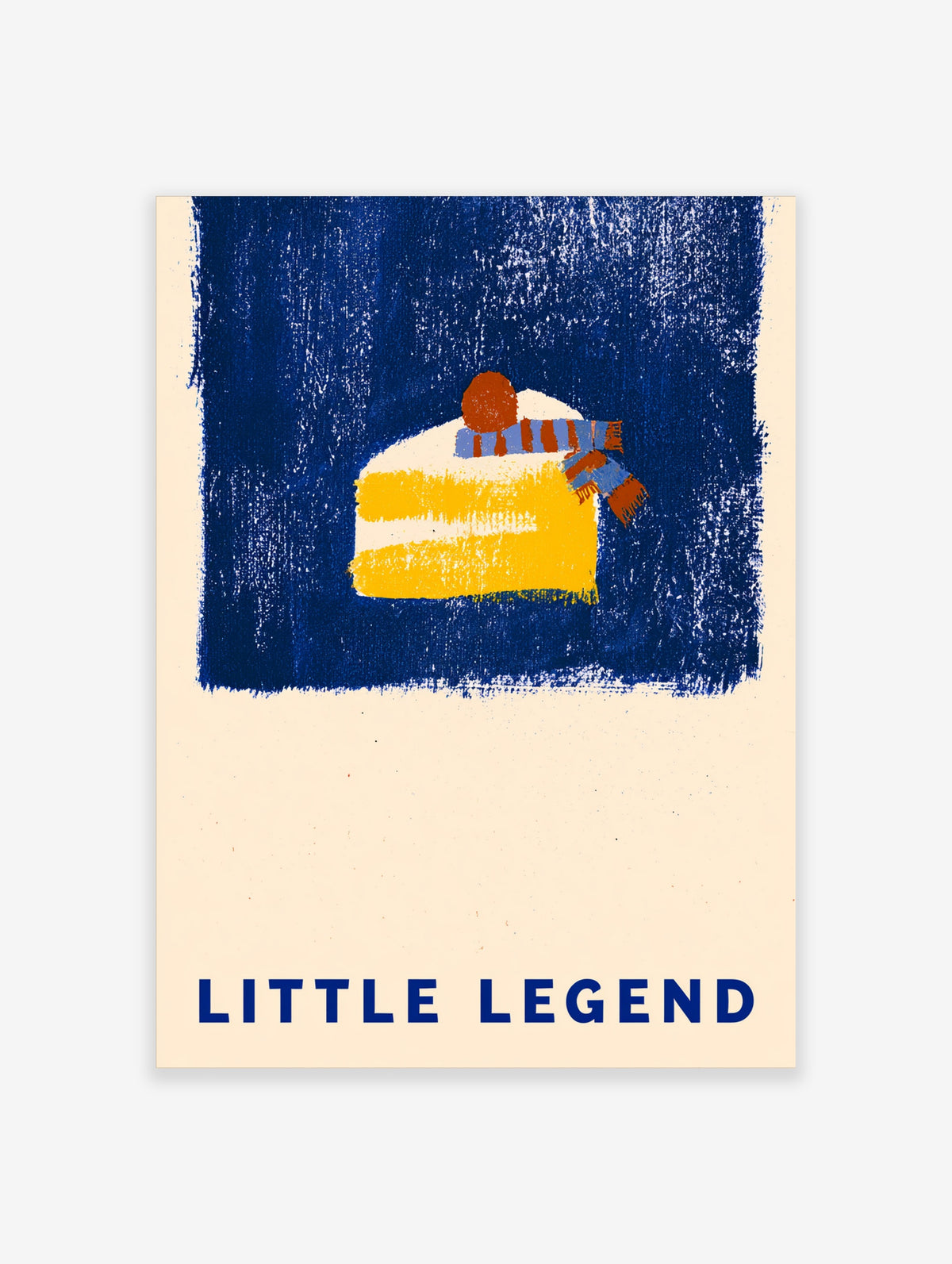 Slice of yellow cake with blue and orange scarf and cherry on navy background, Little Legend text poster