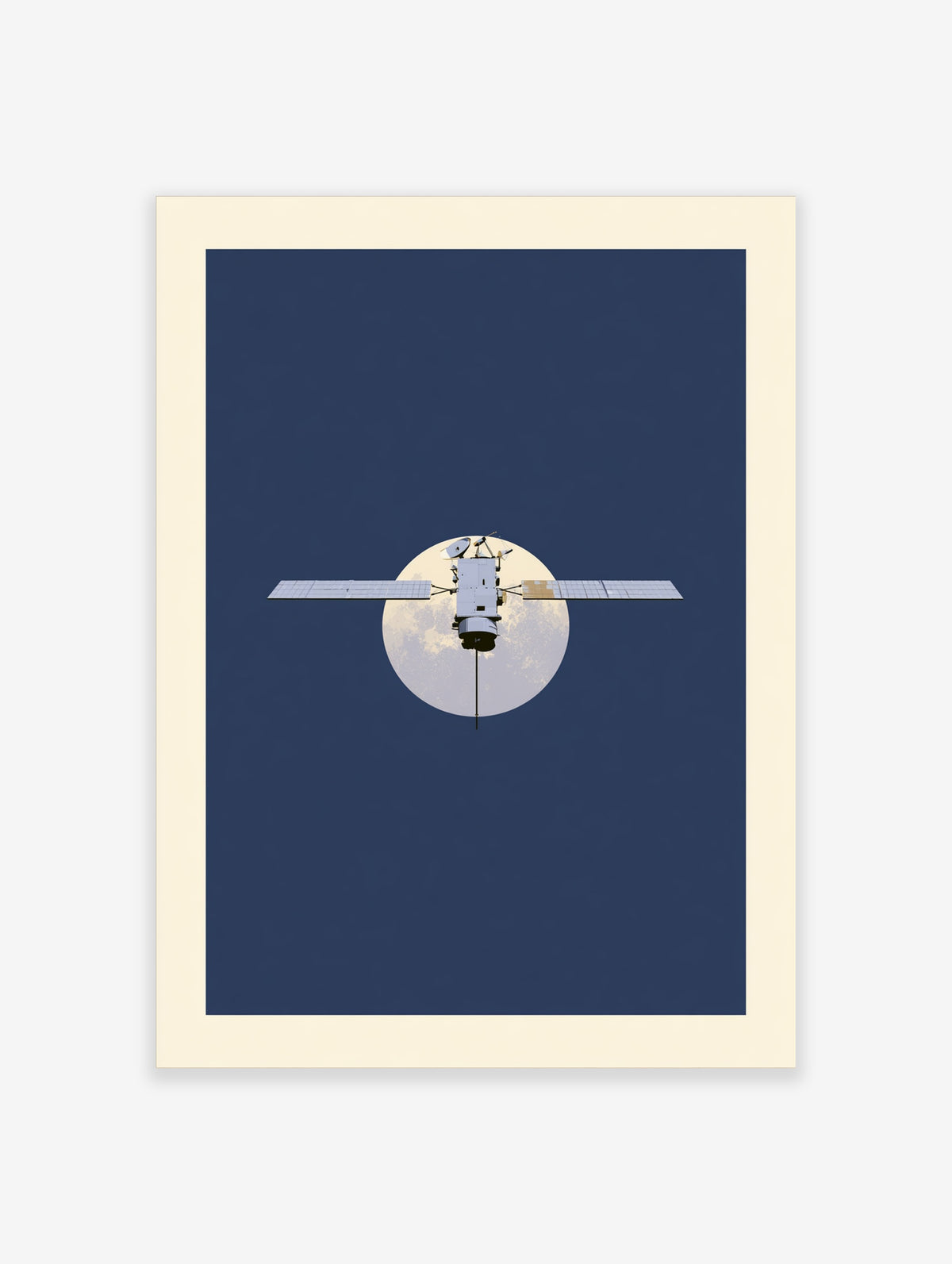 Satellite with solar panels crossing a full moon on a navy blue background space poster