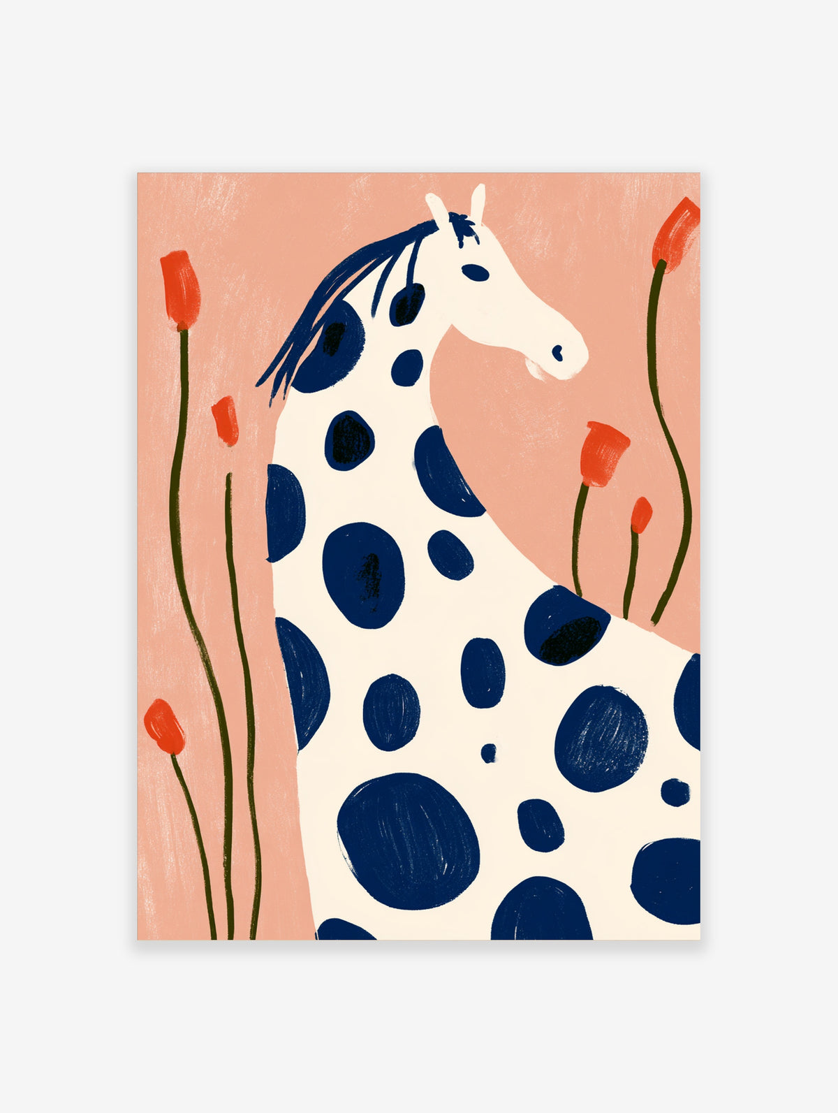 Stylised white horse with navy blue spots and dark mane on peach pink background with red flowers