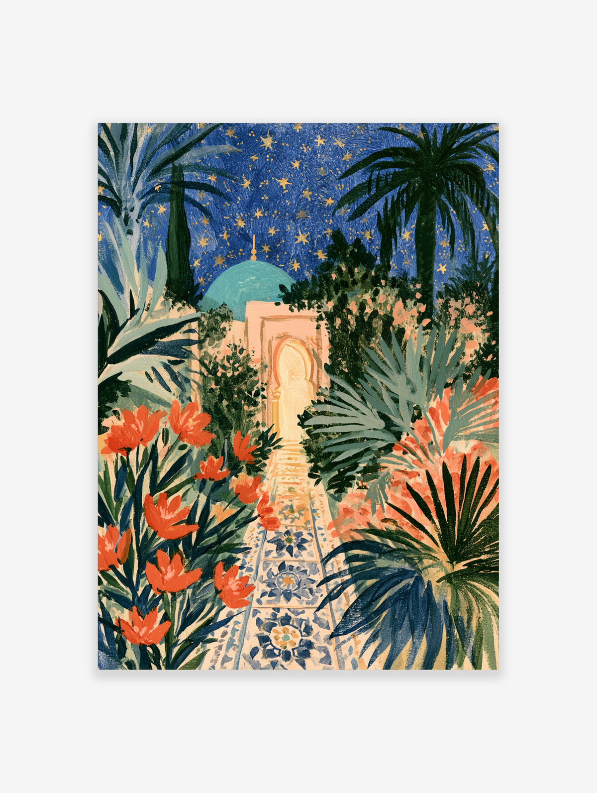 Colourful Moroccan garden poster with turquoise dome, starry sky, tiled path, orange flowers and palm trees