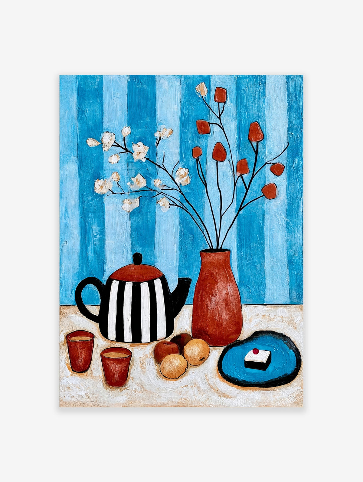 Blue still life poster with striped teapot, red vase, blossom and fruit on a striped background
