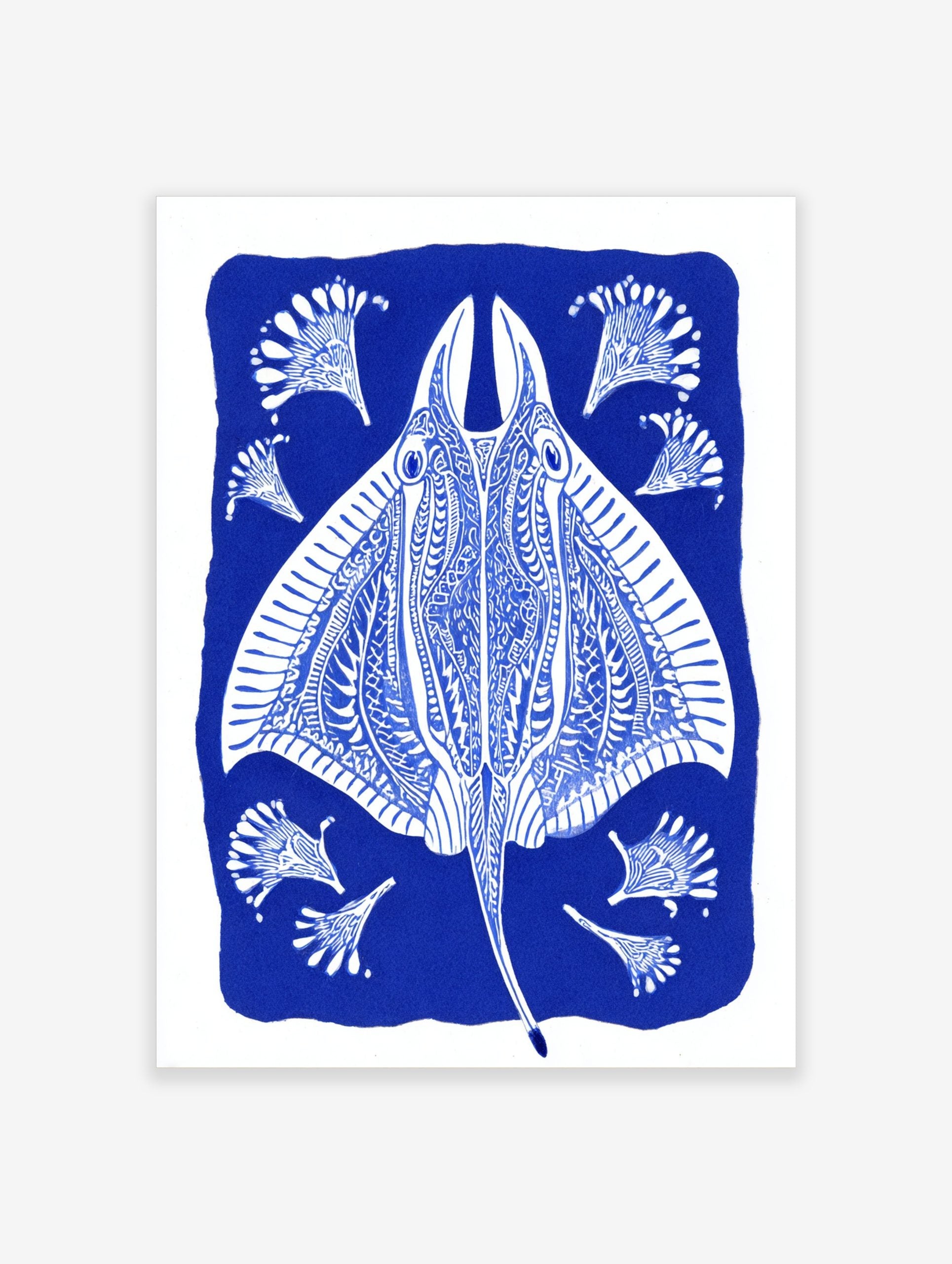 Ornate blue and white stingray illustration with decorative fan-like elements on a deep blue background