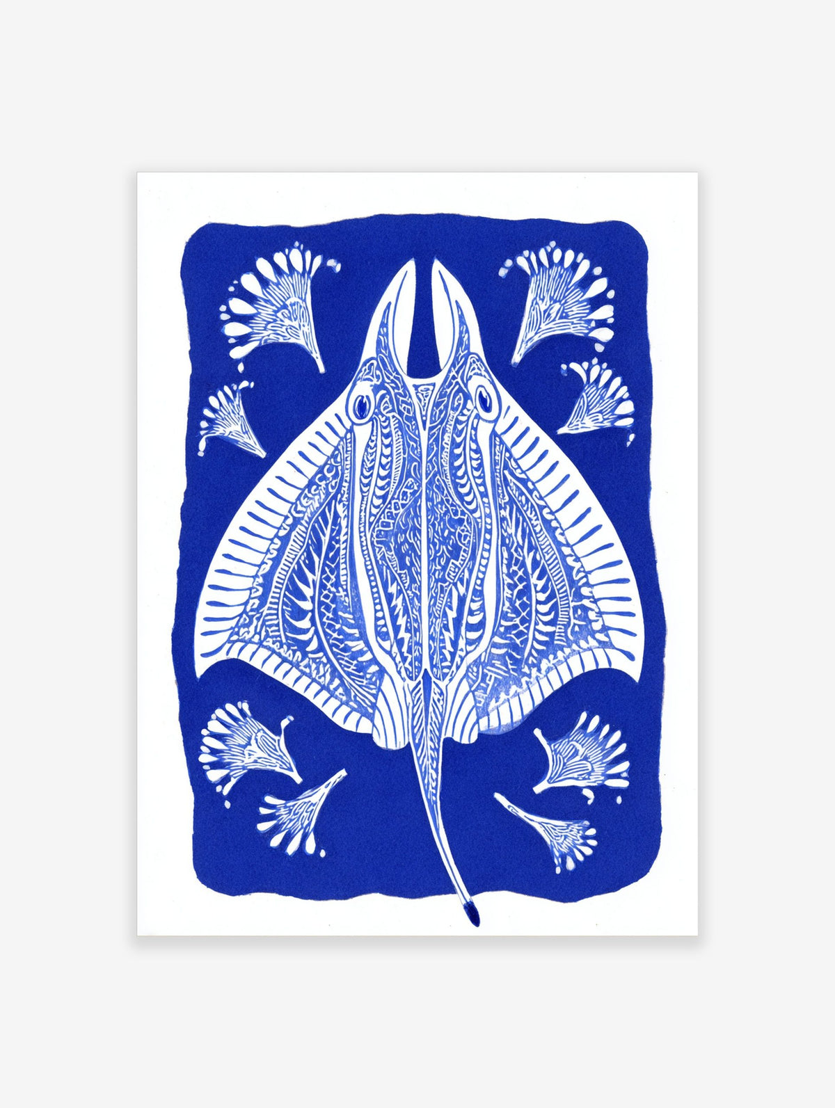 Ornate blue and white stingray illustration with decorative fan-like elements on a deep blue background