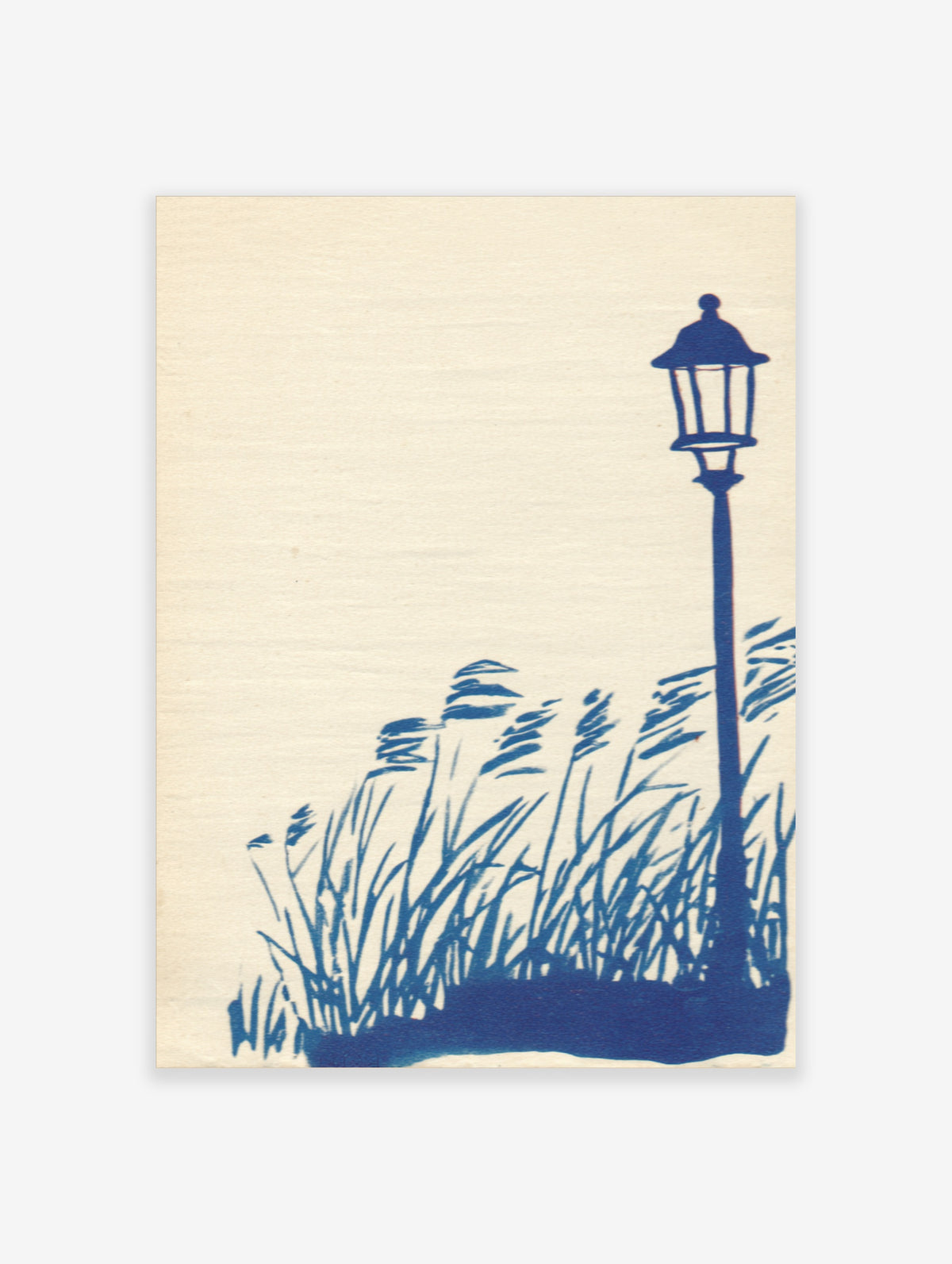 Blue street lamp and tall coastal grass silhouettes on cream background, vertical art print