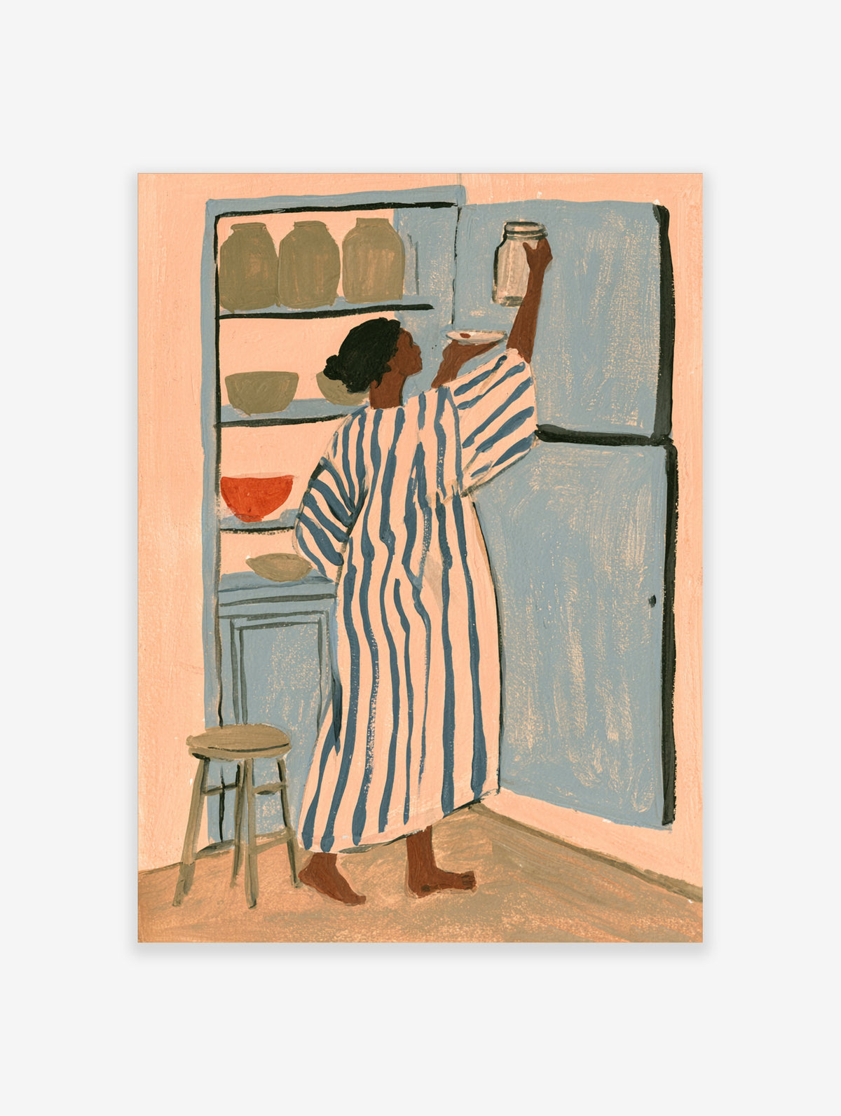 Woman in blue striped robe reaching into blue cupboard, kitchen poster art