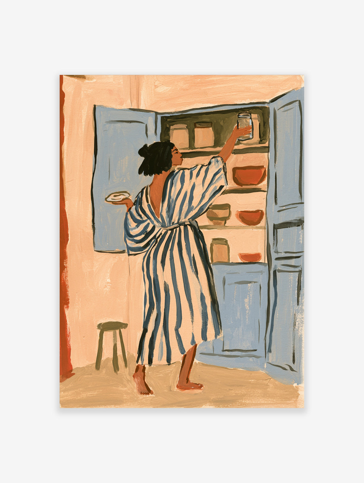Woman in blue striped robe reaching into blue kitchen cupboard, modern interior poster
