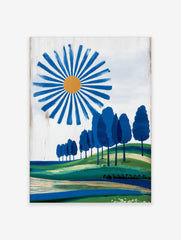 Modern landscape print with a blue sun, orange centre, radiating blue brushstrokes, green hills, and blue trees