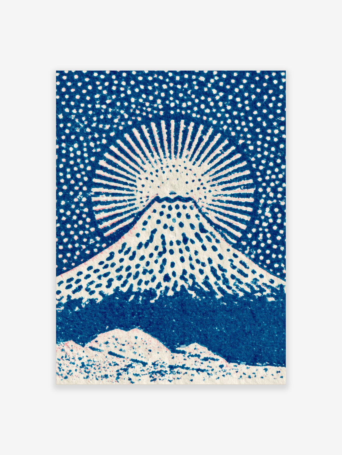 Blue and white mountain poster with rising sun and radiating rays, dotted texture, Japanese style