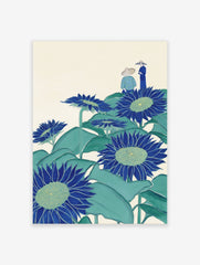 Illustrative blue sunflowers with green leaves and two figures in hats on a cream background