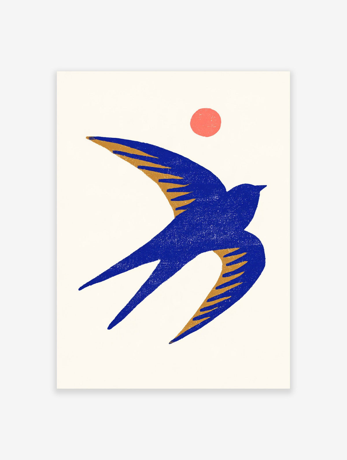 Minimalist blue swallow bird art print with gold wing details and an orange sun on a neutral background