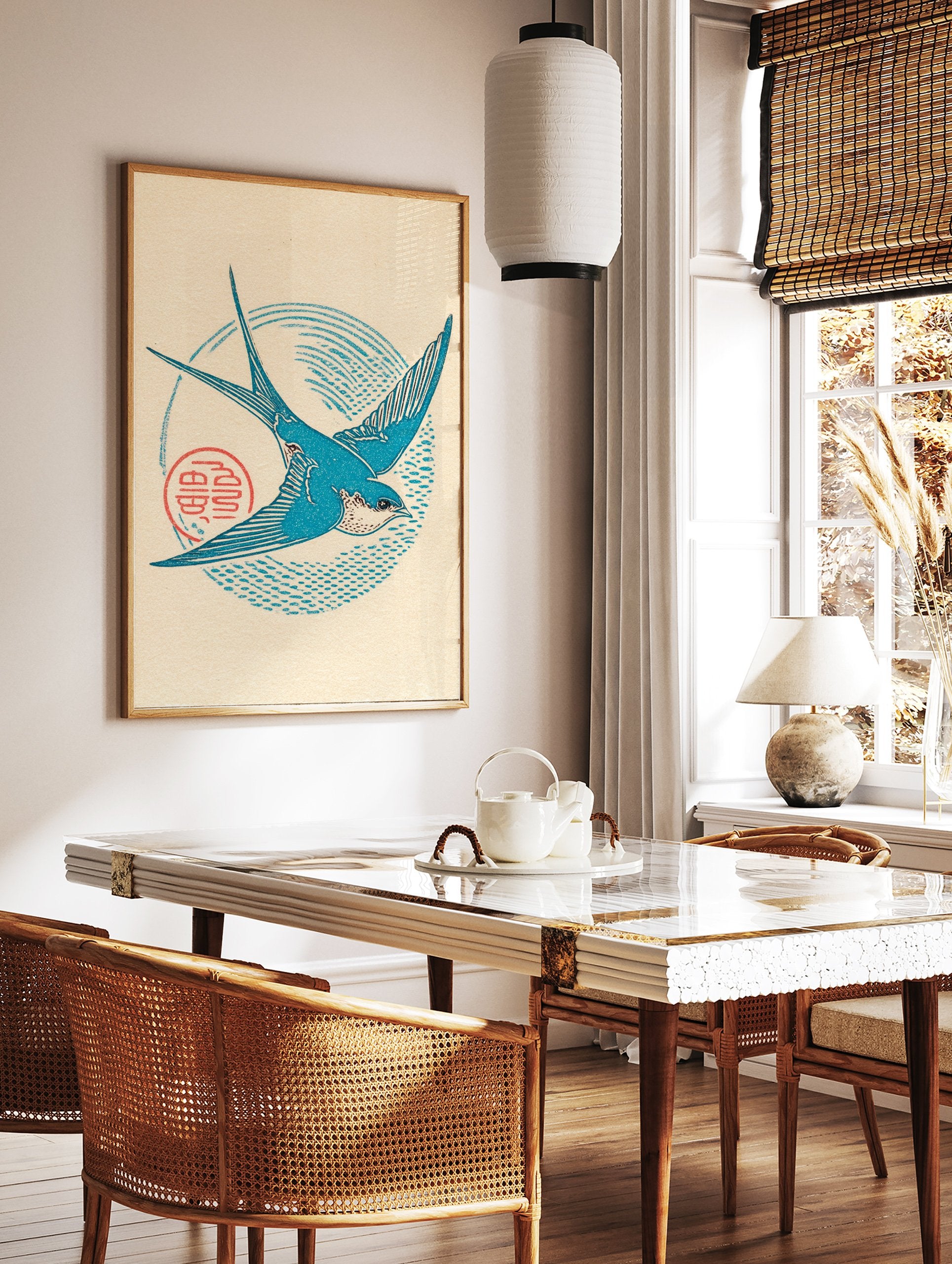 Blue swallow bird linocut style art print with a red cultural symbol on a light background, perfect for avian enthusiasts. - Image 2