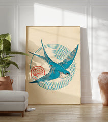 Blue swallow bird linocut style art print with a red cultural symbol on a light background, perfect for avian enthusiasts. - Image 3