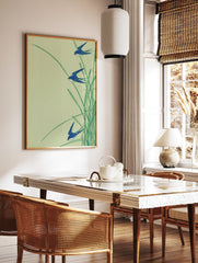 Japanese-style art print featuring three blue swallows flying through green reeds on a light green background. - Image 2