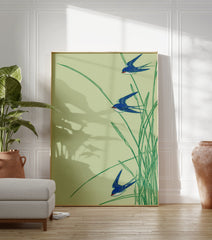 Japanese-style art print featuring three blue swallows flying through green reeds on a light green background. - Image 3