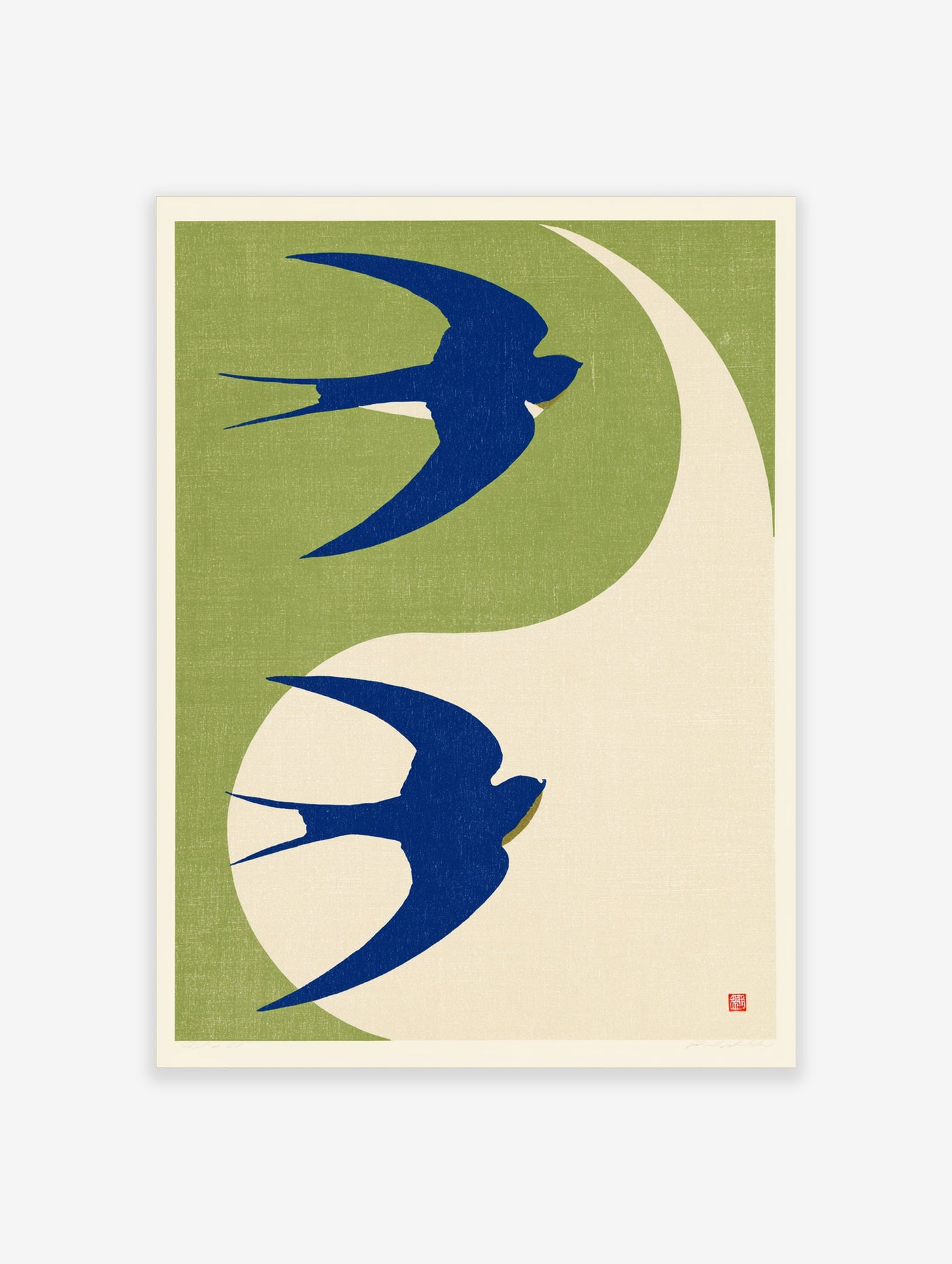 Minimalist blue swallows wall art print with a yin yang inspired composition on a sage green and cream background
