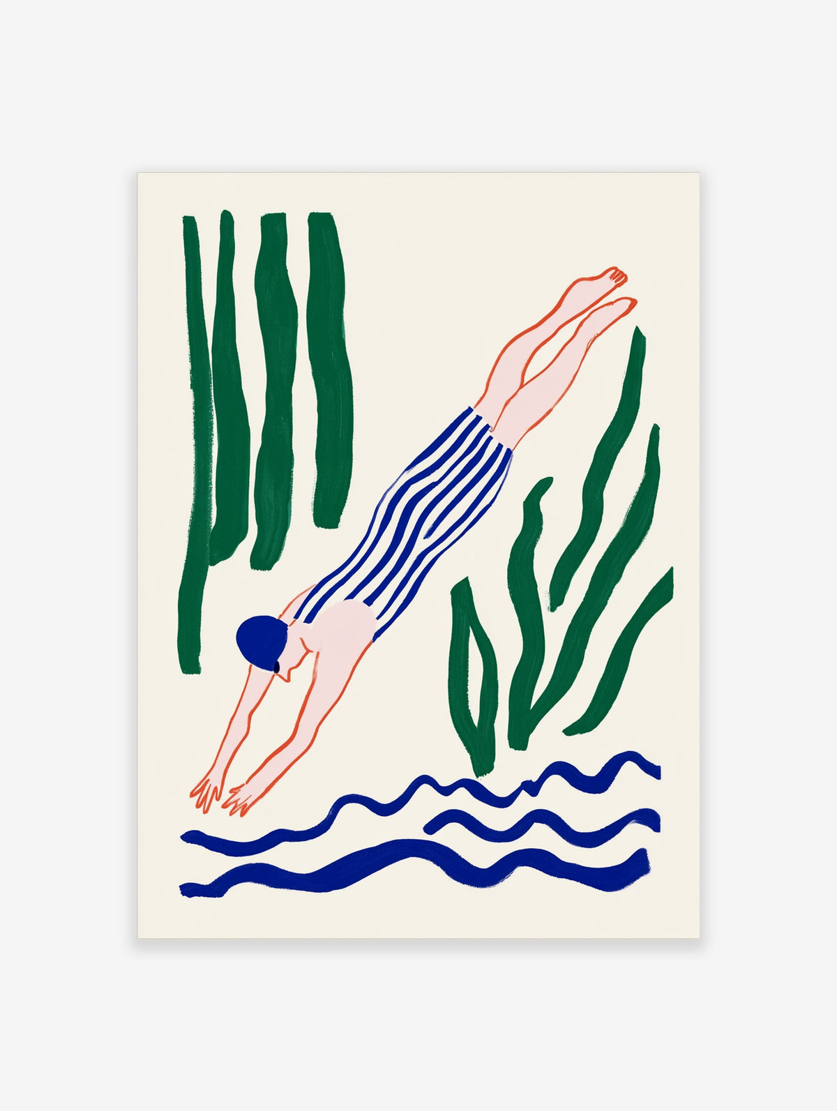 Minimalist blue swimmer art print with diver in striped swimsuit, green seaweed, and blue waves
