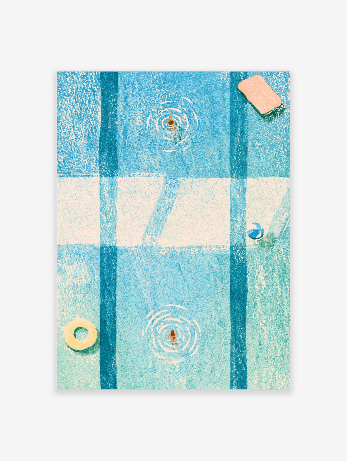 Aerial swimming pool art print with two swimmers, ripples, yellow ring float and pink float on blue tiled water