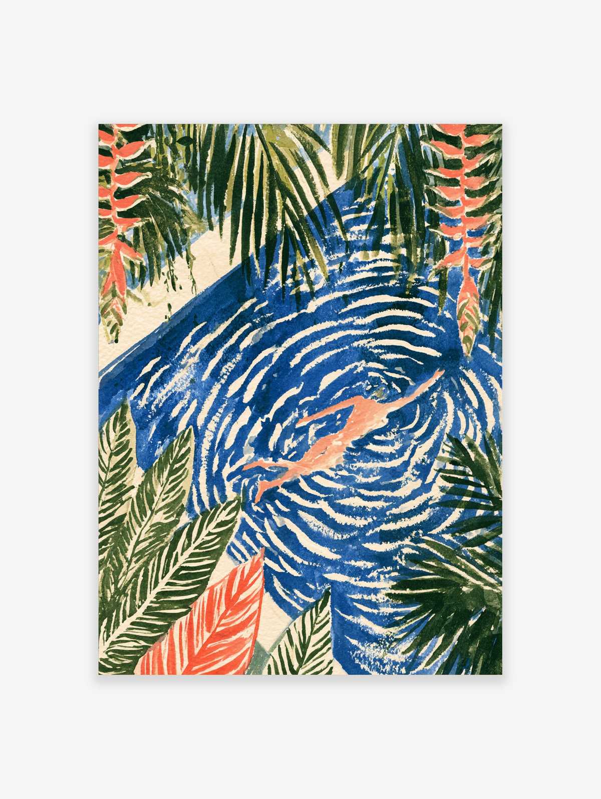 Blue swimming pool art print with pink figure swimming among ripples and tropical palm leaves