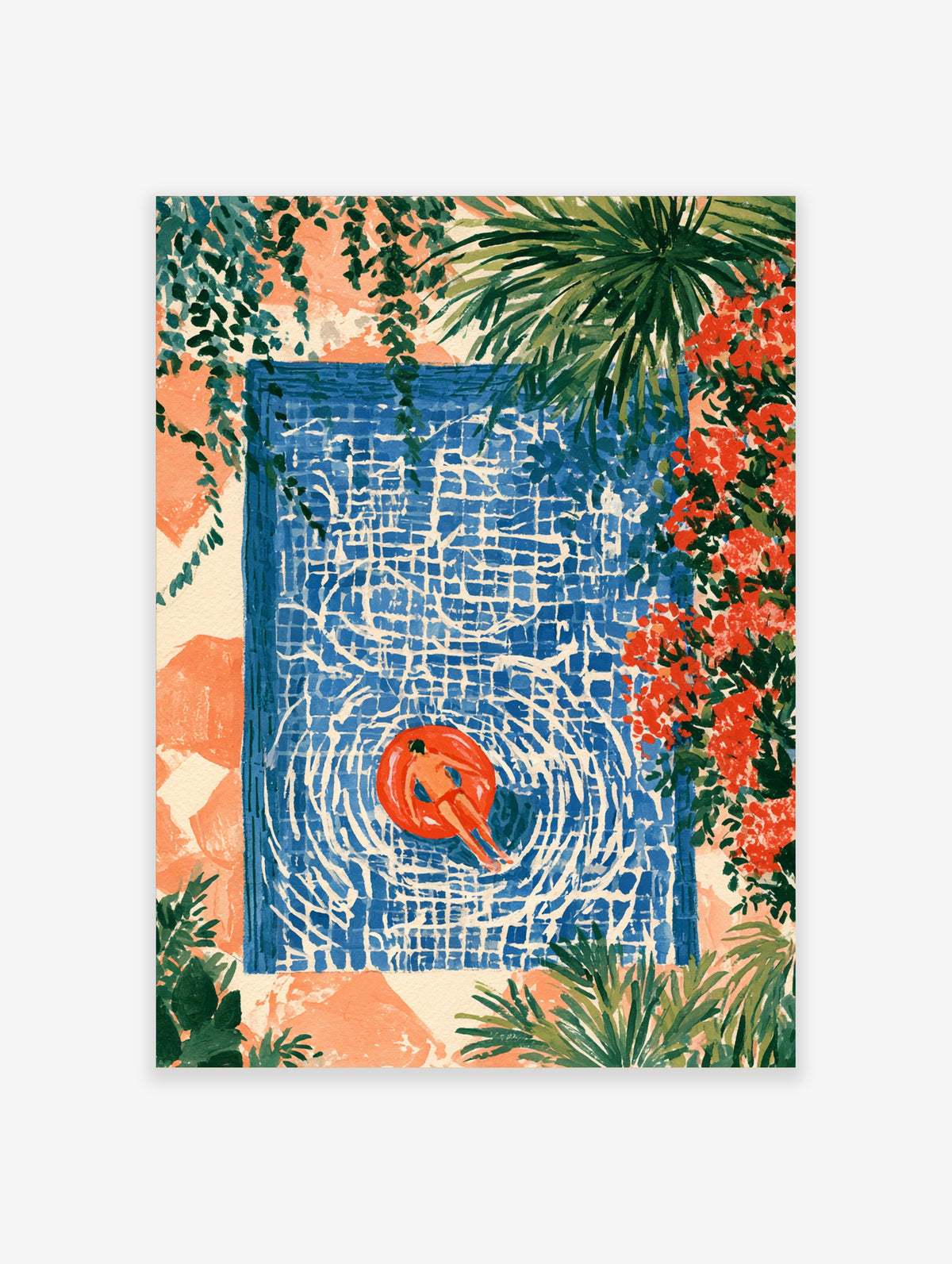 Blue mosaic swimming pool art print with figure on red ring, palm leaves and orange flowers