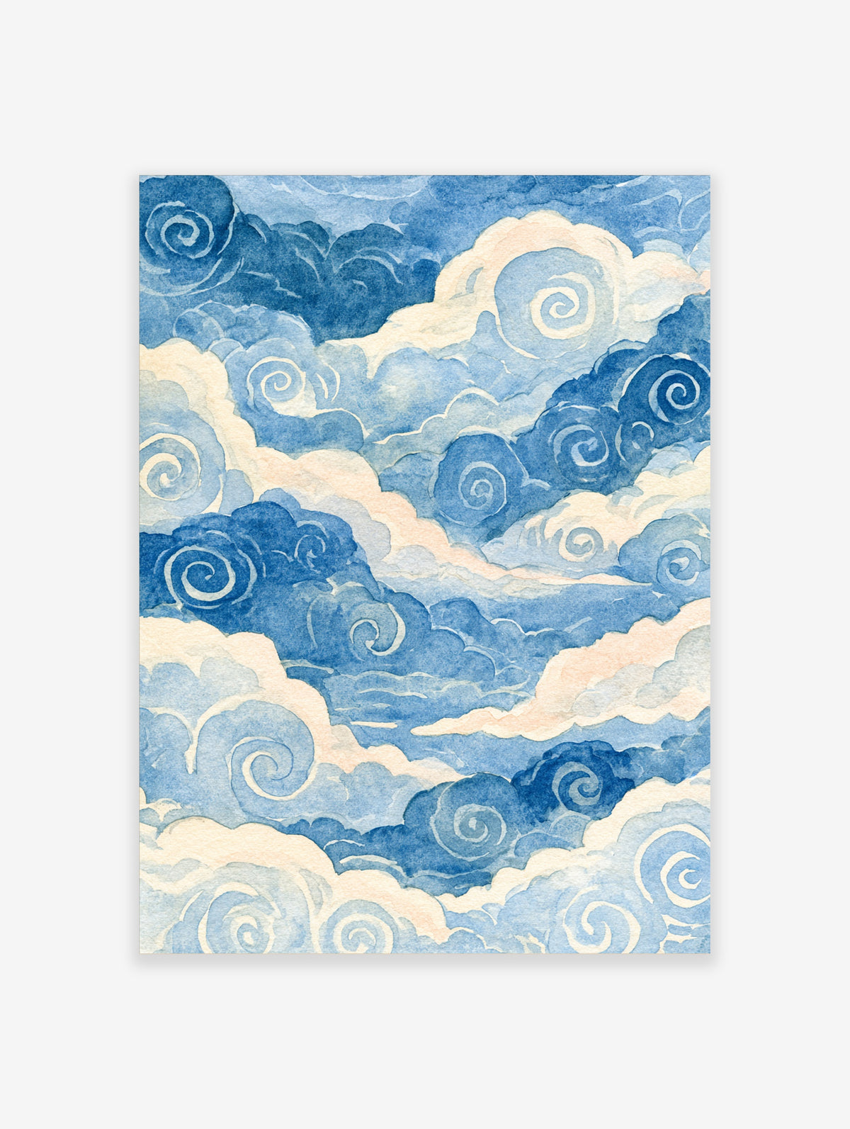 Blue watercolour cloud art print with indigo and cream swirl patterns