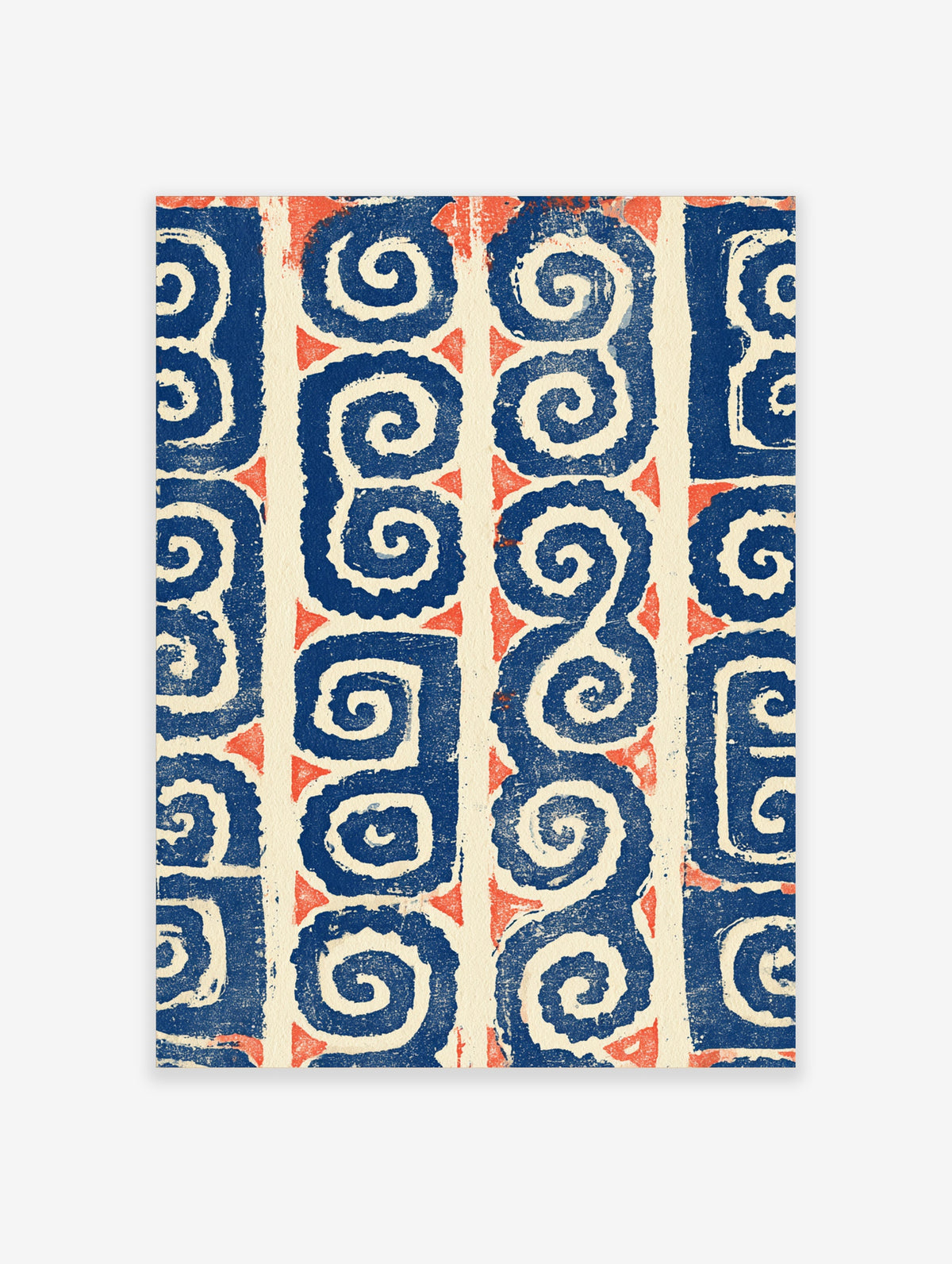 Navy blue and coral abstract swirl pattern poster with hand-drawn spiral motifs on cream background