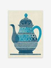 Blue patterned teapot illustration poster on a textured beige background.