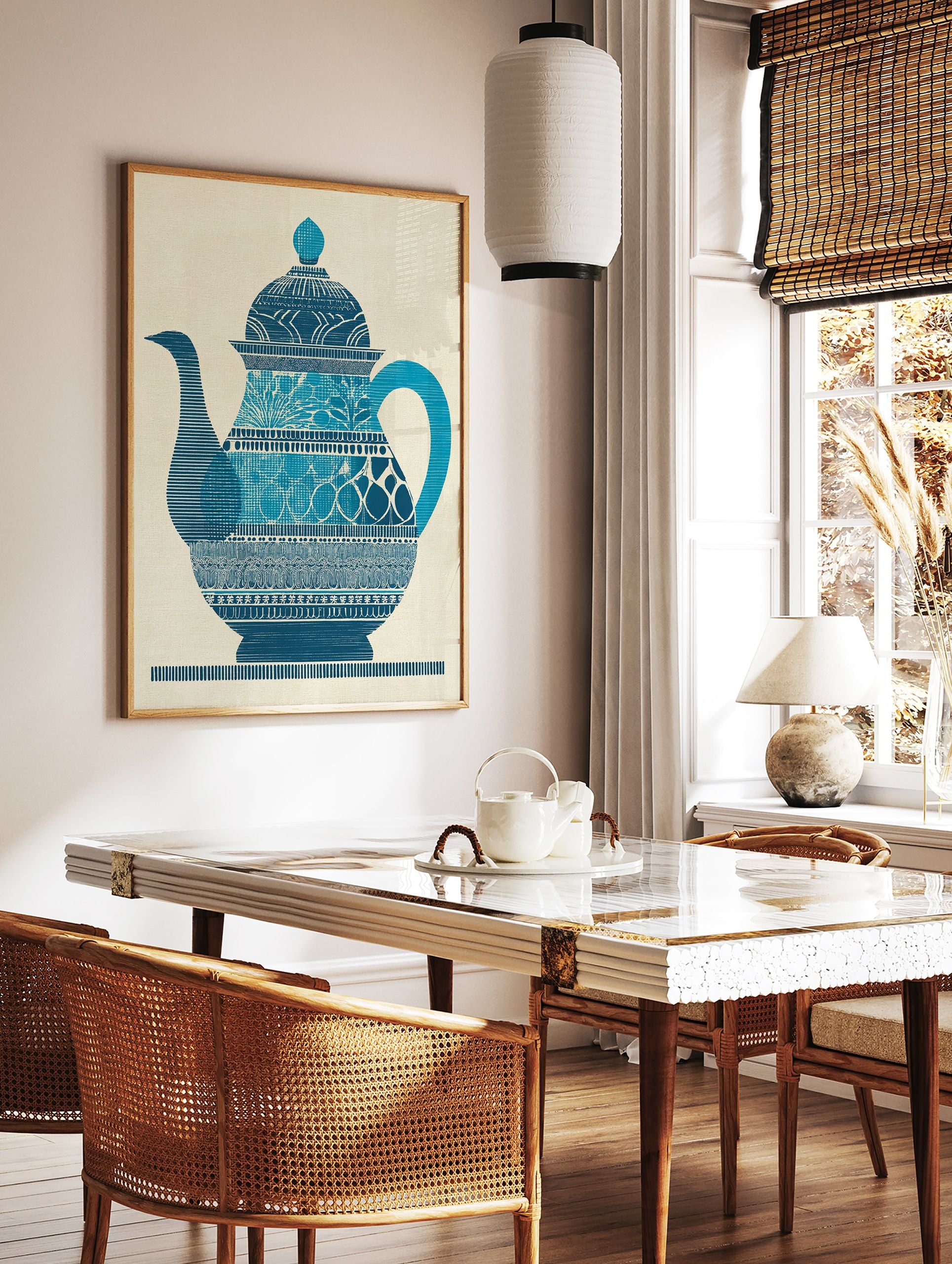 Blue patterned teapot illustration poster on a textured beige background. - Image 2