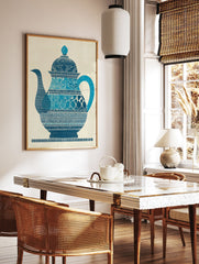 Blue patterned teapot illustration poster on a textured beige background. - Image 2