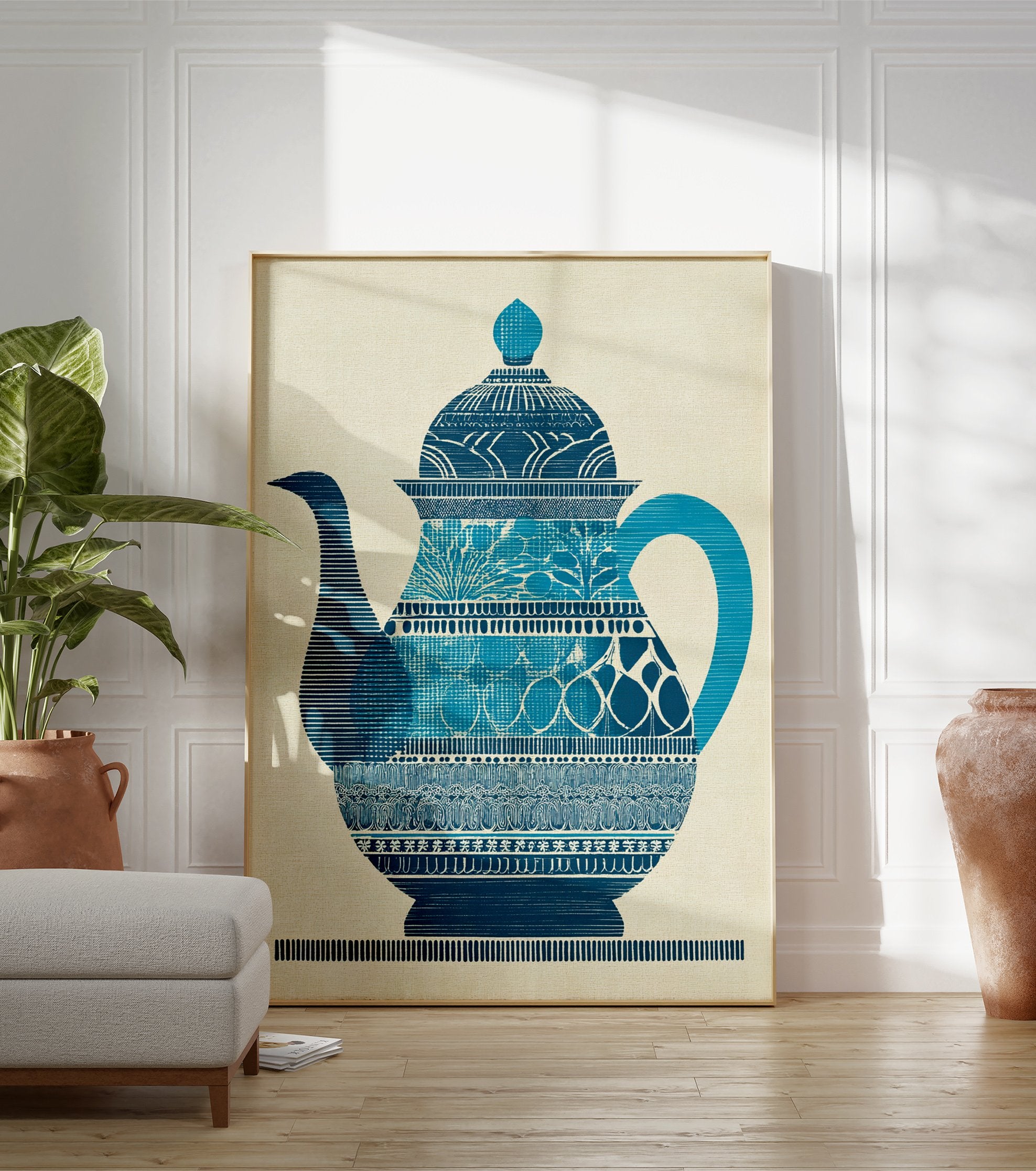 Blue patterned teapot illustration poster on a textured beige background. - Image 3