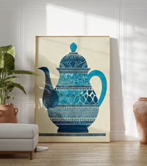 Blue patterned teapot illustration poster on a textured beige background. - Image 3