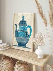 Blue patterned teapot illustration poster on a textured beige background. - Image 4