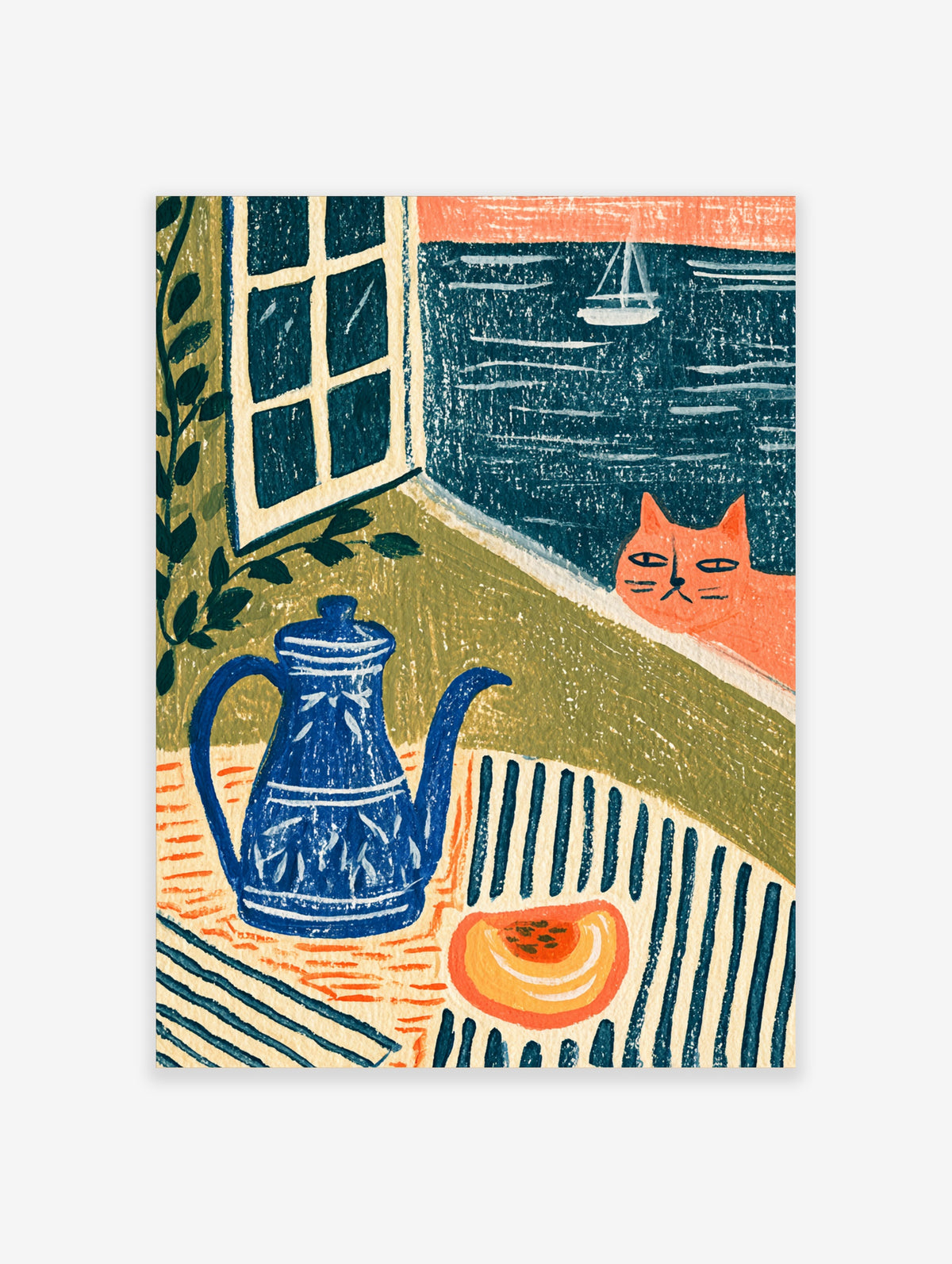 Blue teapot and orange cat coastal poster with sea view, sailboat, and grapefruit