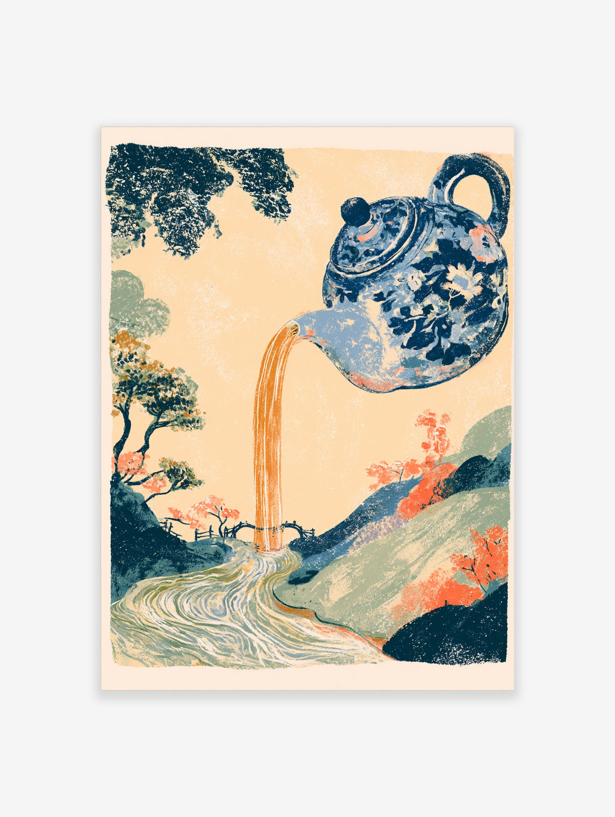 Blue floral teapot pouring orange river through Japanese landscape art print