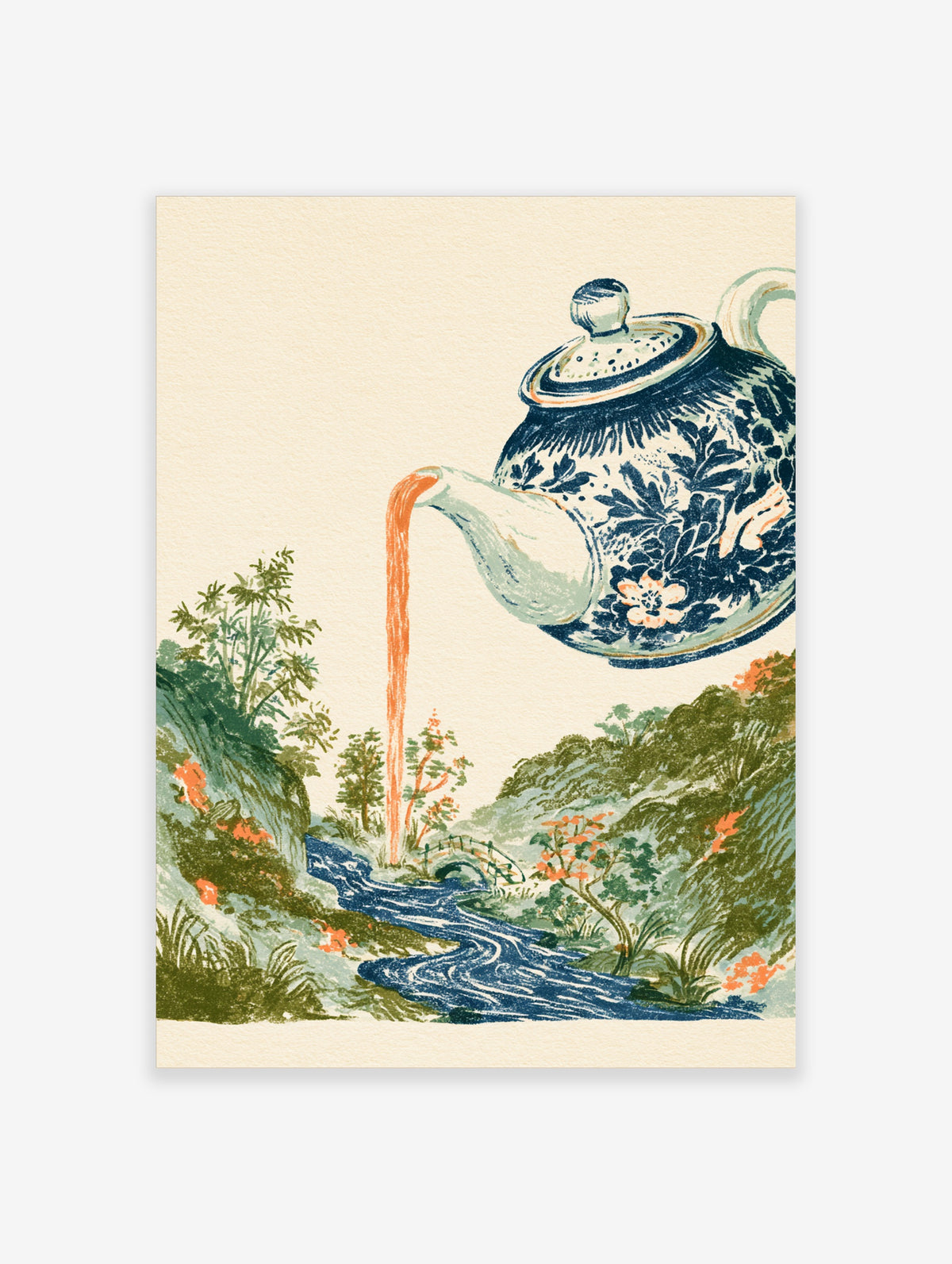 Blue and white teapot pouring orange tea into a green valley with a bridge and blue river, Chinese garden style art print
