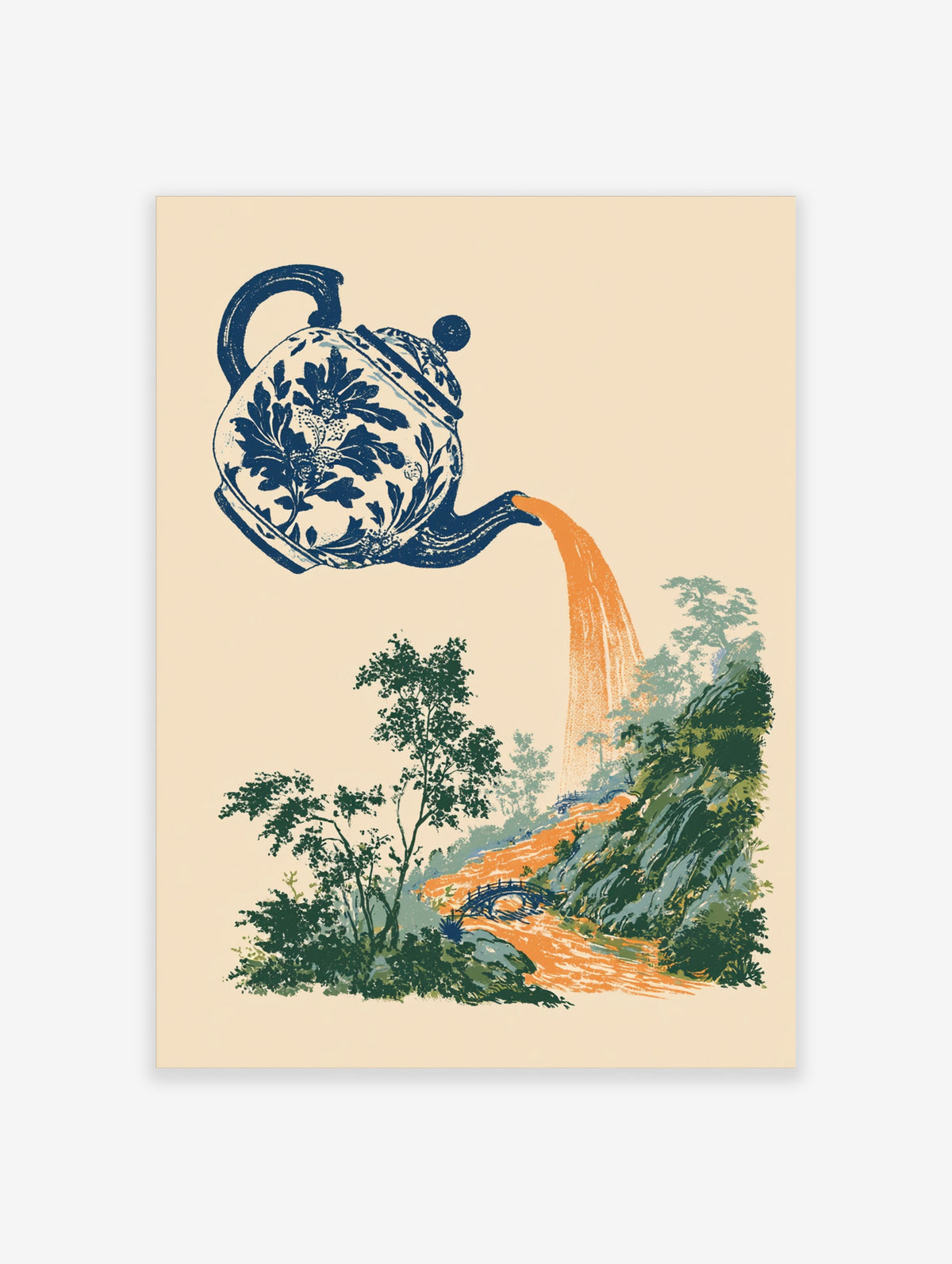 Blue and white teapot pouring orange waterfall into green landscape art print