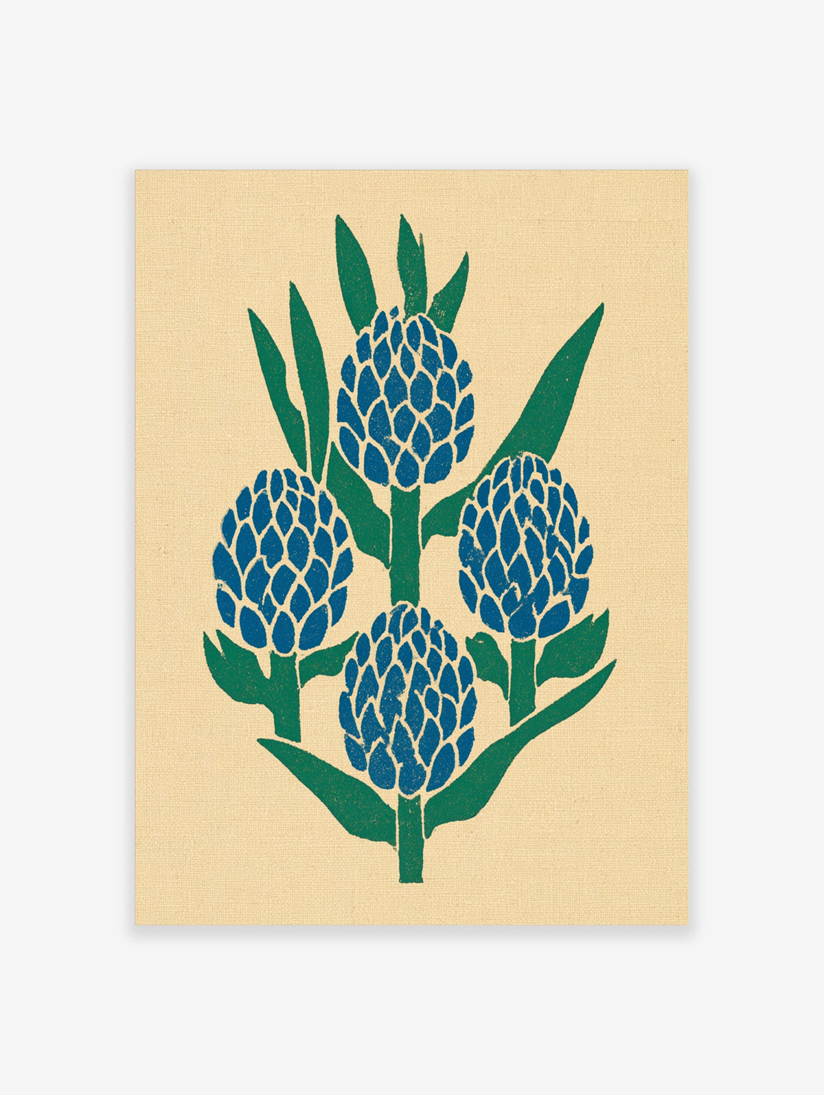 Blue thistle flower botanical art print with green stems and leaves on beige background