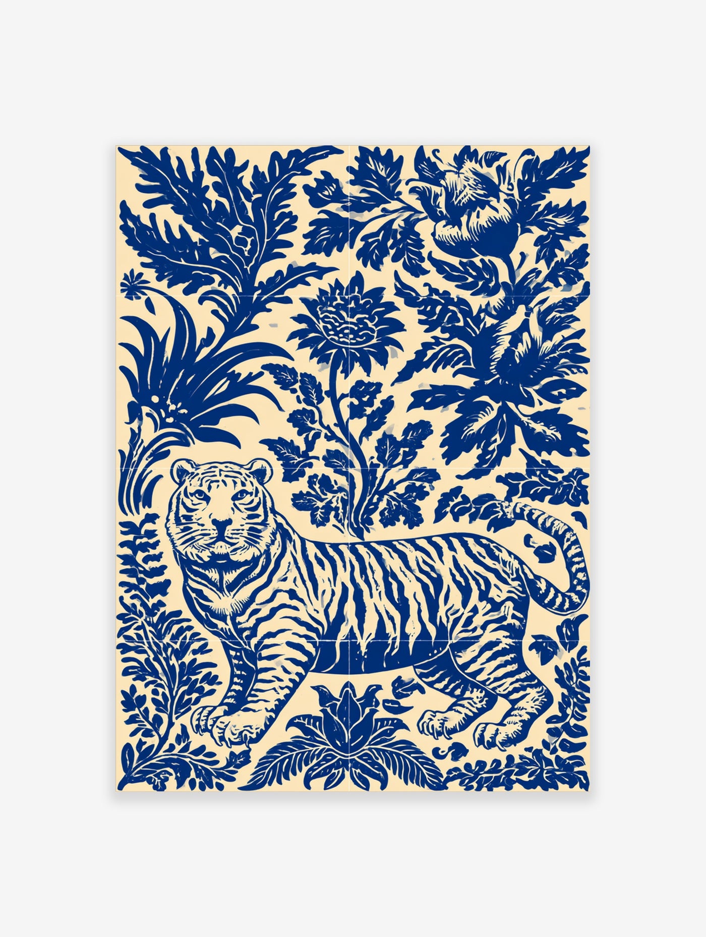 Blue tiger with botanical foliage and flower illustration on cream background