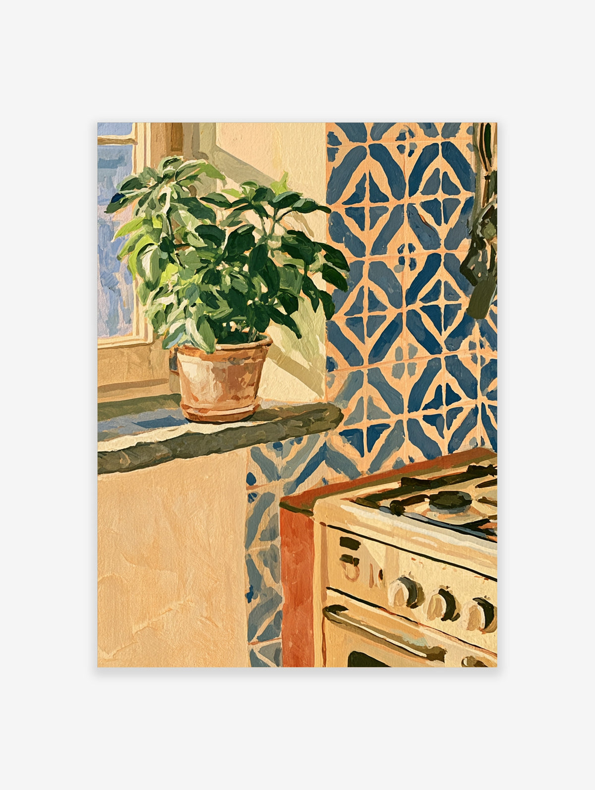 Gouache-style poster of a potted plant on a ledge beside blue patterned tiles and a cream stove