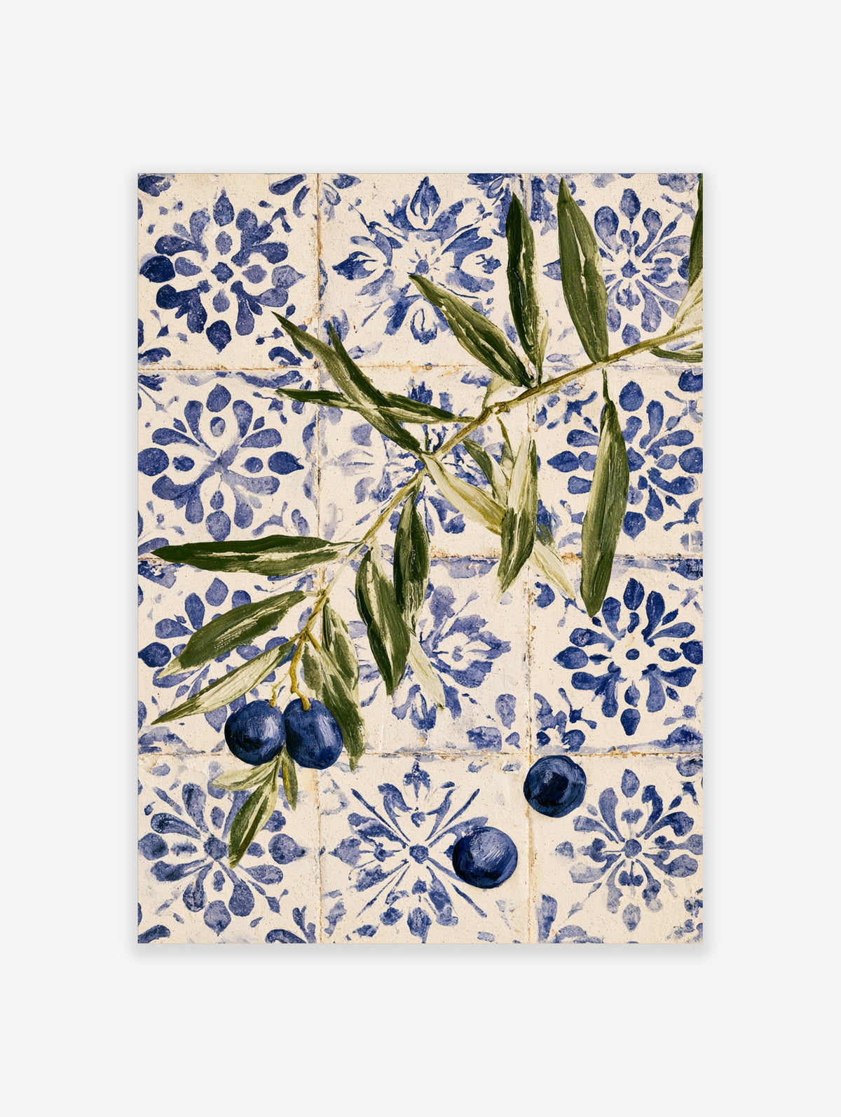 Blue and white tile pattern with painted olive branch and dark blue olives art print
