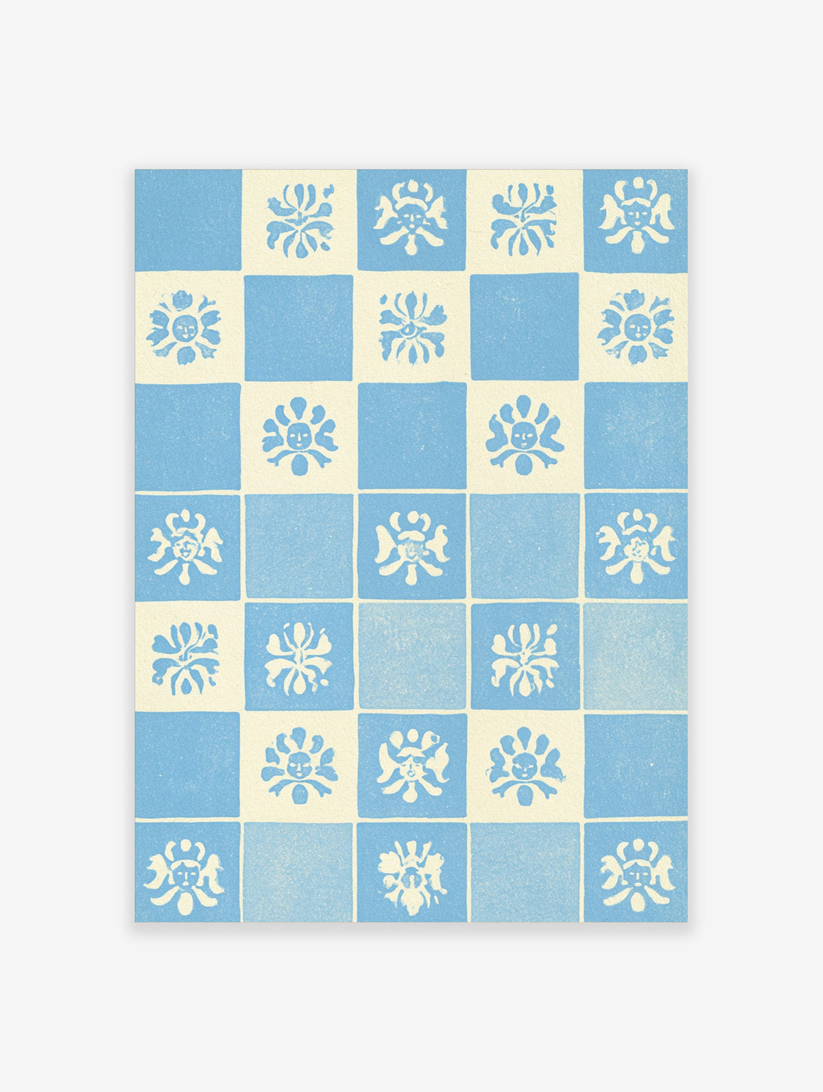 Blue and cream tile pattern poster with stylised folk faces and floral motifs in a checkerboard layout
